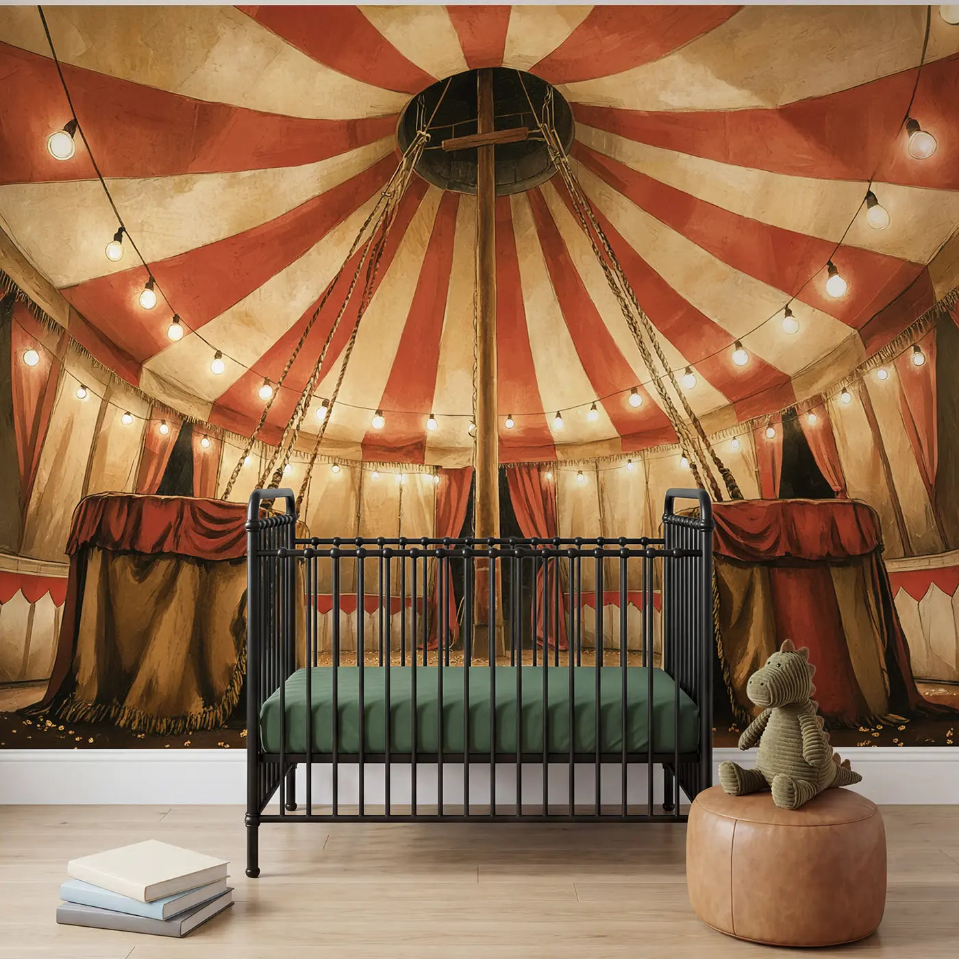 soft pastel circus tent interior stripes wallpaper mural for boys room by Whimsy Tots