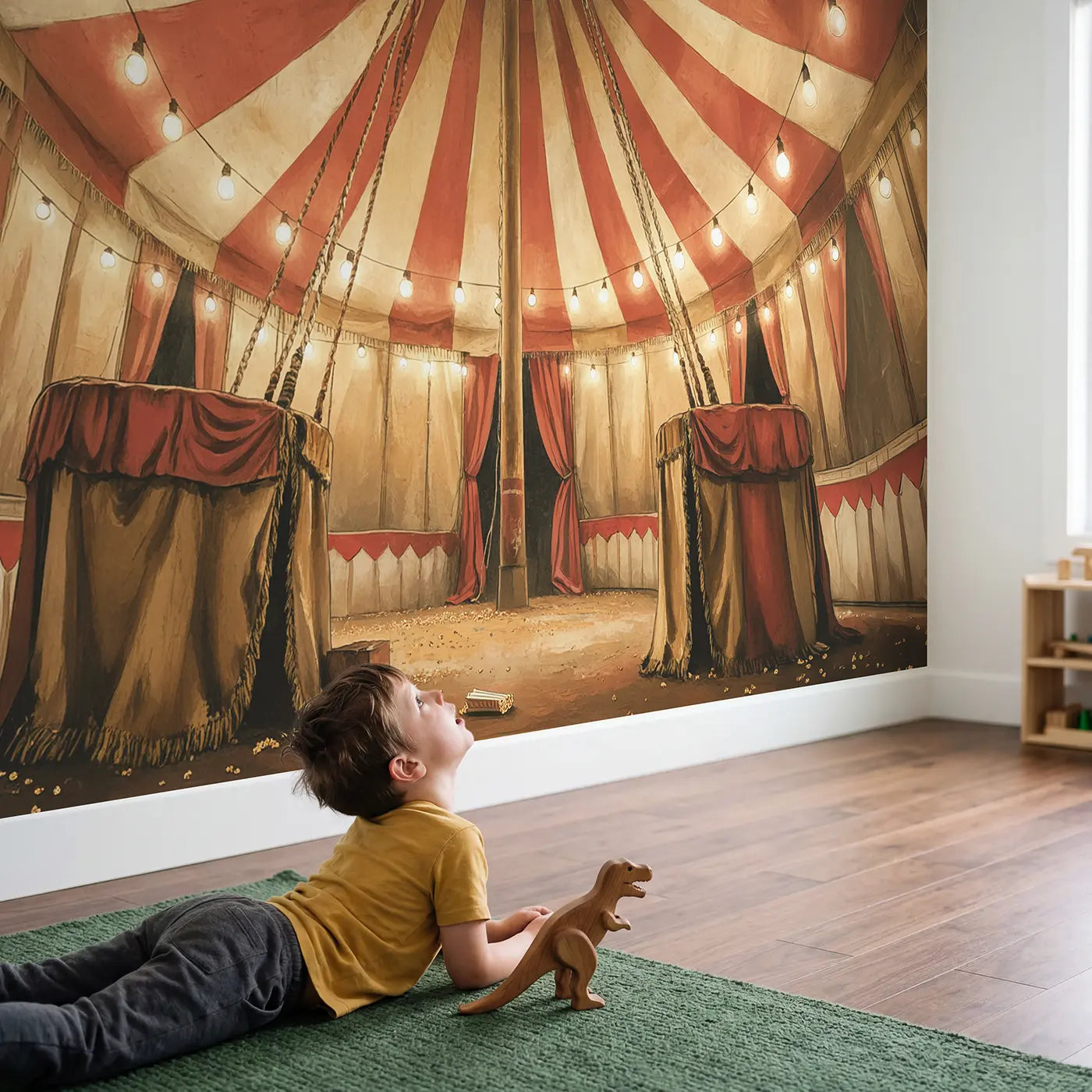 Child in nursery with Circus Tent Stripe Tower Wallpaper Mural by Whimsy Tots