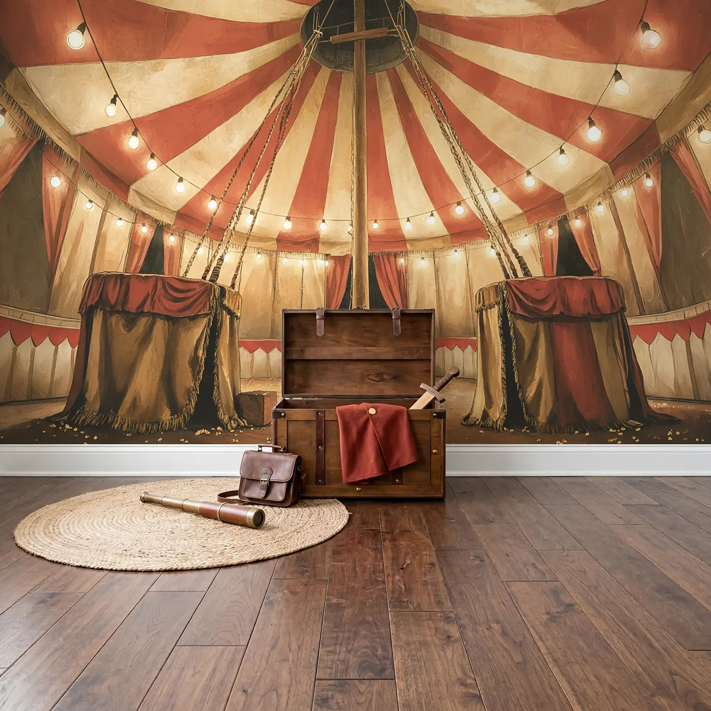 Circus Tent Stripe Tower Wallpaper Mural in playroom setting by Whimsy Tots