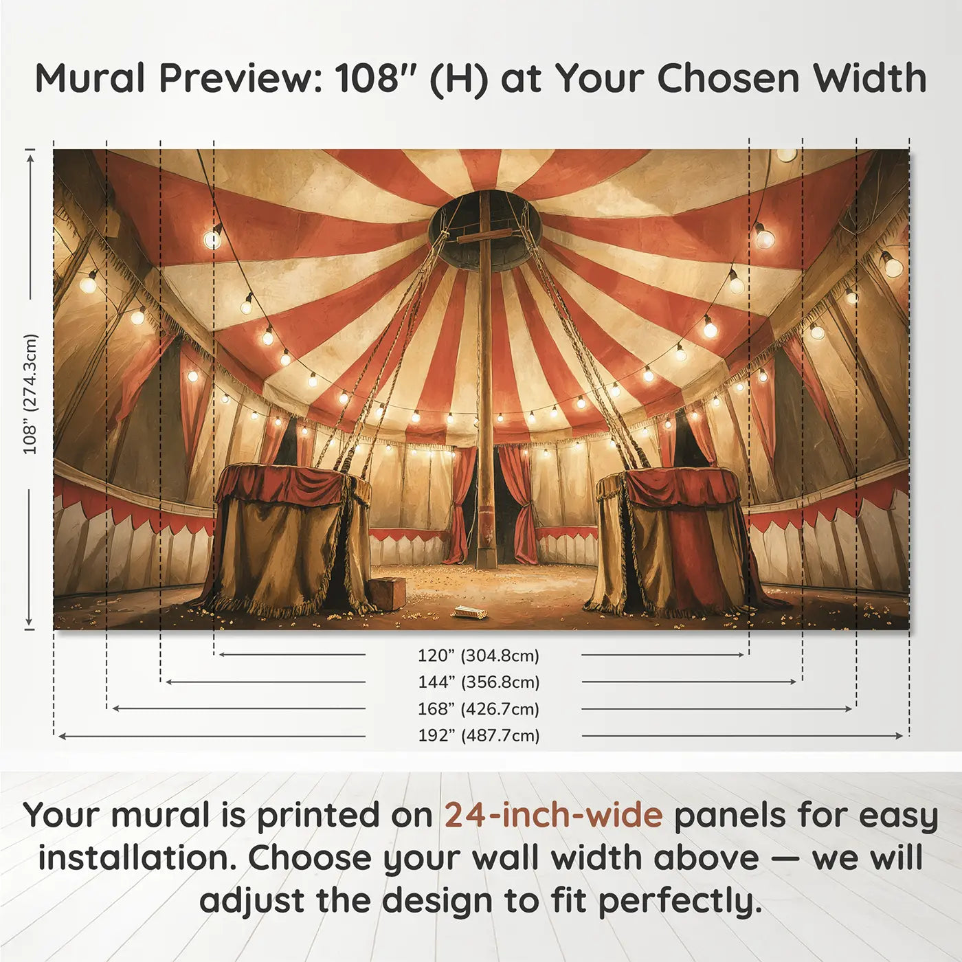 Panel layout and dimensions for Circus Tent Stripe Tower Wallpaper Mural by Whimsy Tots