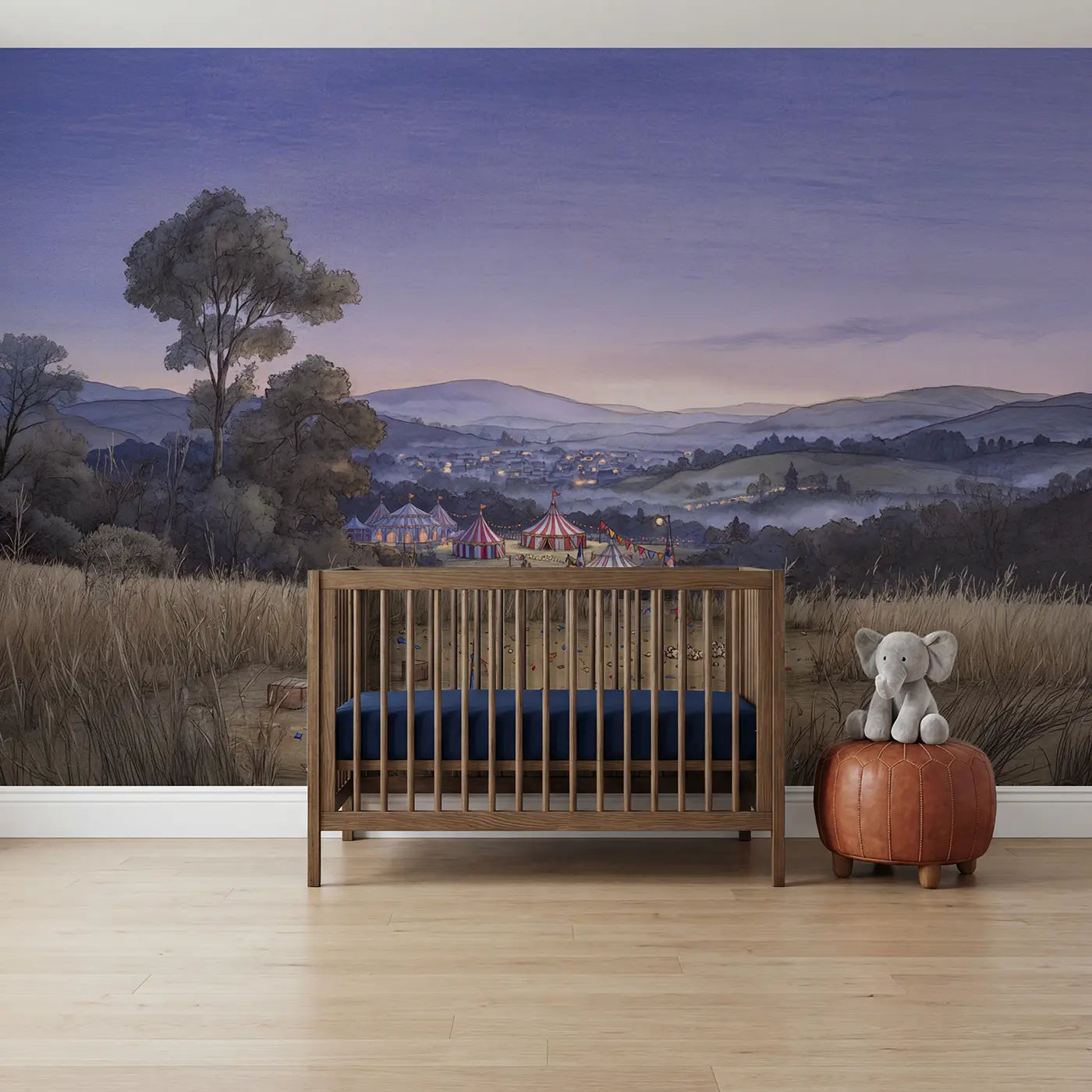 storybook circus big top dusk wallpaper mural for nursery by Whimsy Tots