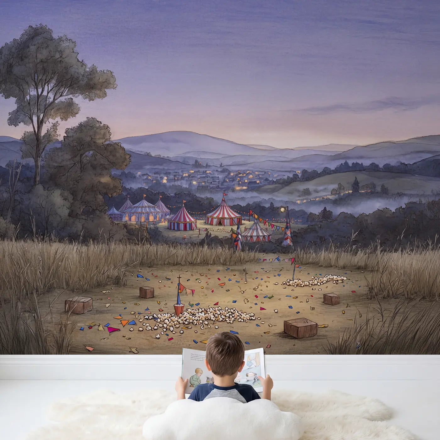 Child in nursery with Circus Big Top Dusk Wallpaper Mural by Whimsy Tots