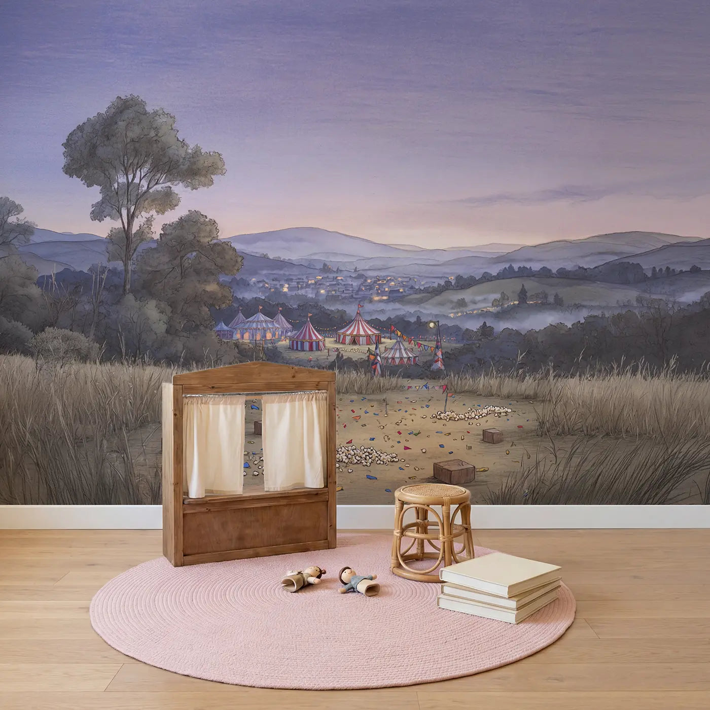 Circus Big Top Dusk Wallpaper Mural in playroom setting by Whimsy Tots