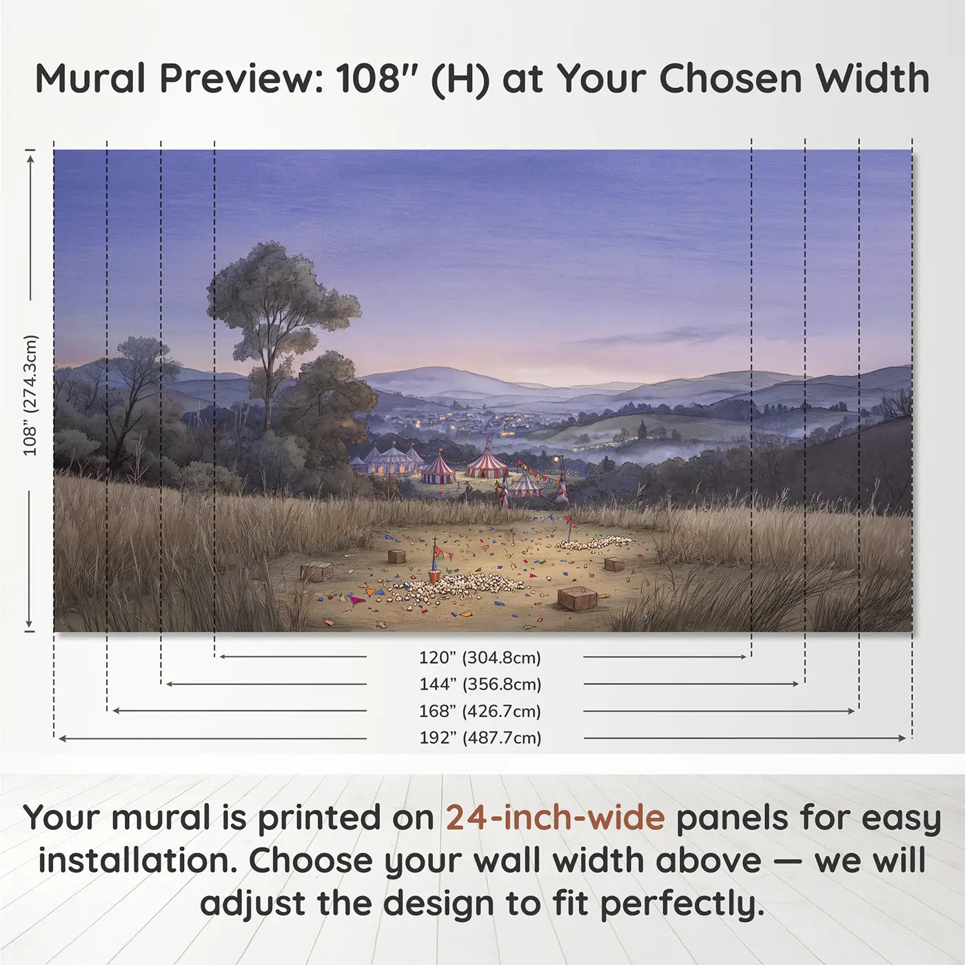 Panel layout and dimensions for Circus Big Top Dusk Wallpaper Mural by Whimsy Tots