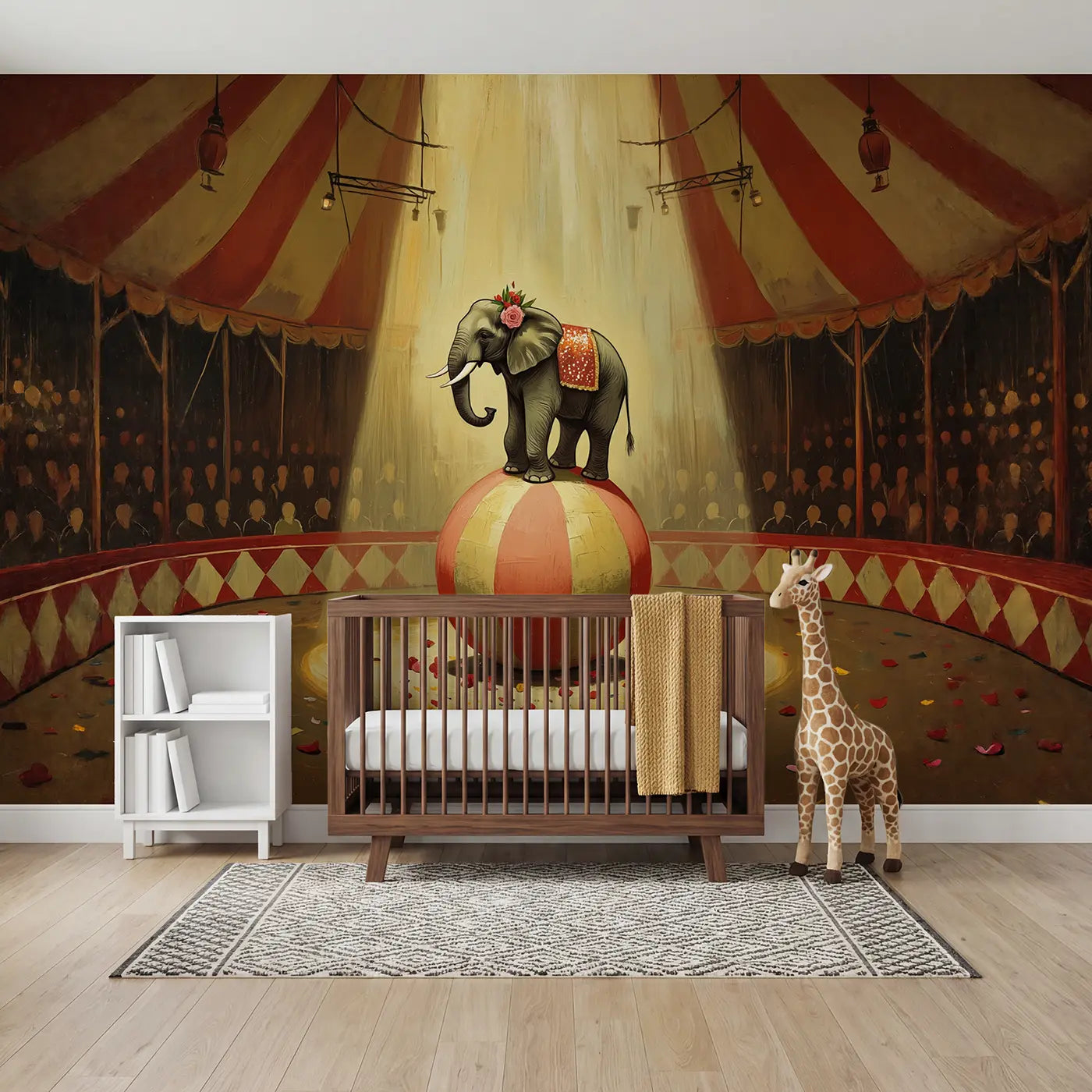 Painted landscape elephant circus wallpaper mural for nursery by Whimsy Tots