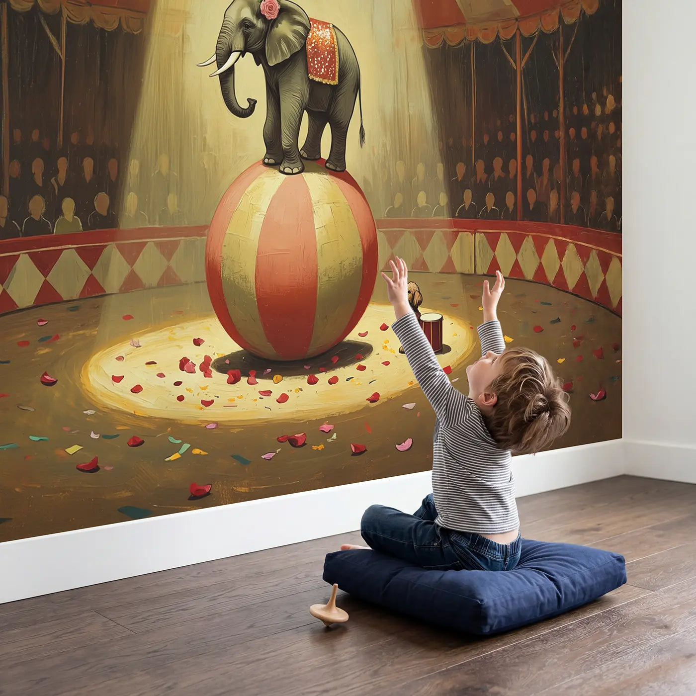Child in nursery with Circus Elephant Balance Wallpaper Mural by Whimsy Tots