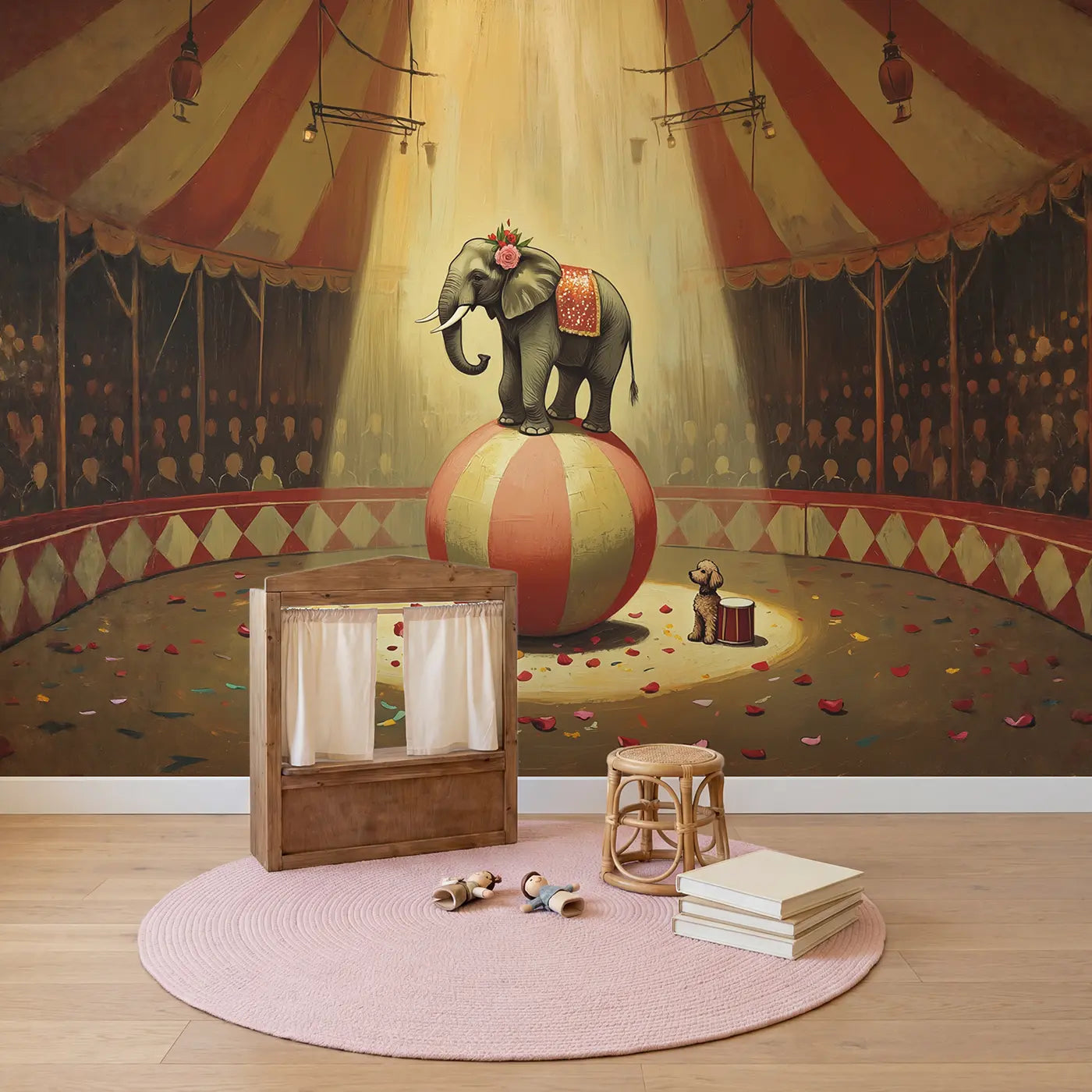 Circus Elephant Balance Wallpaper Mural in playroom setting by Whimsy Tots