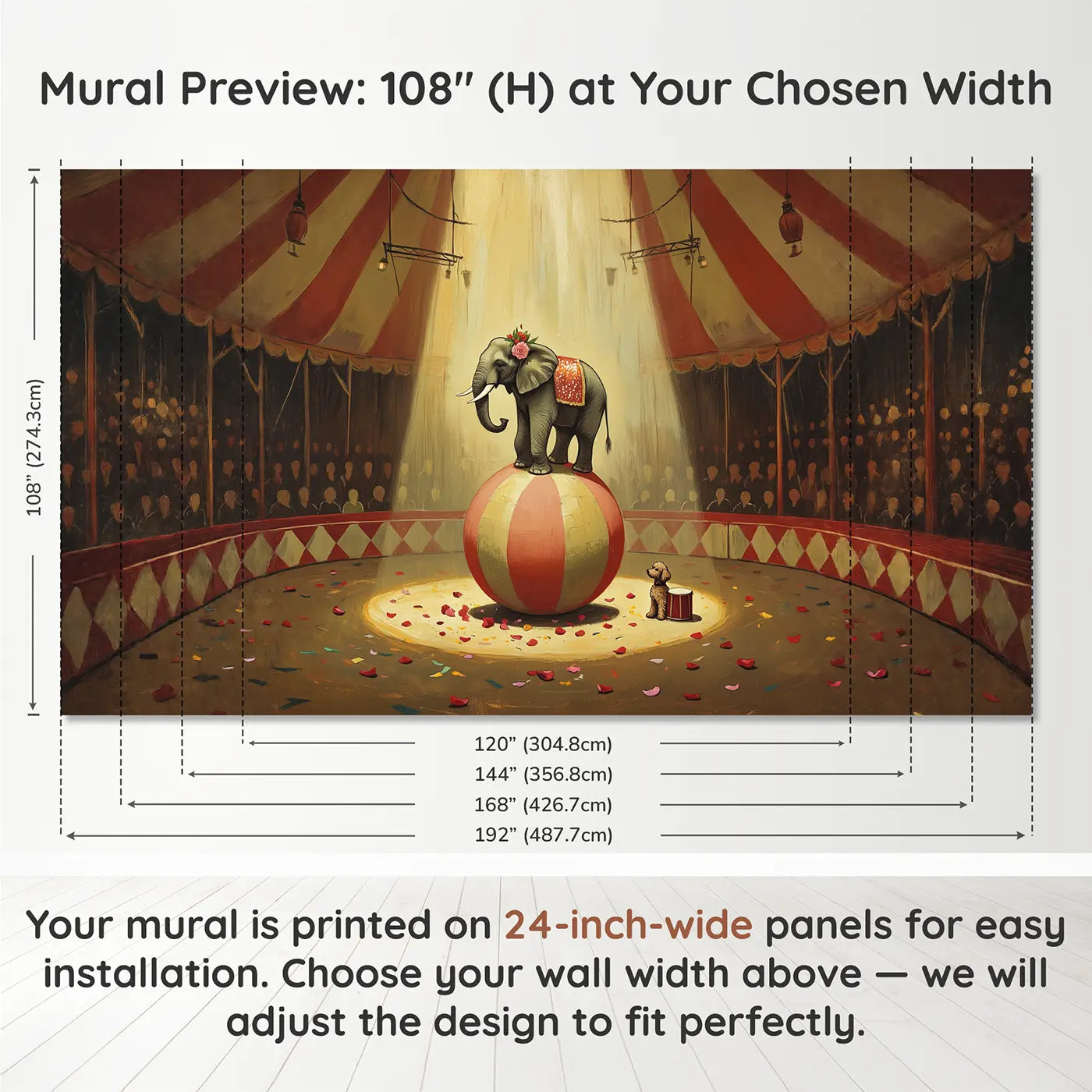 Panel layout and dimensions for Circus Elephant Balance Wallpaper Mural by Whimsy Tots