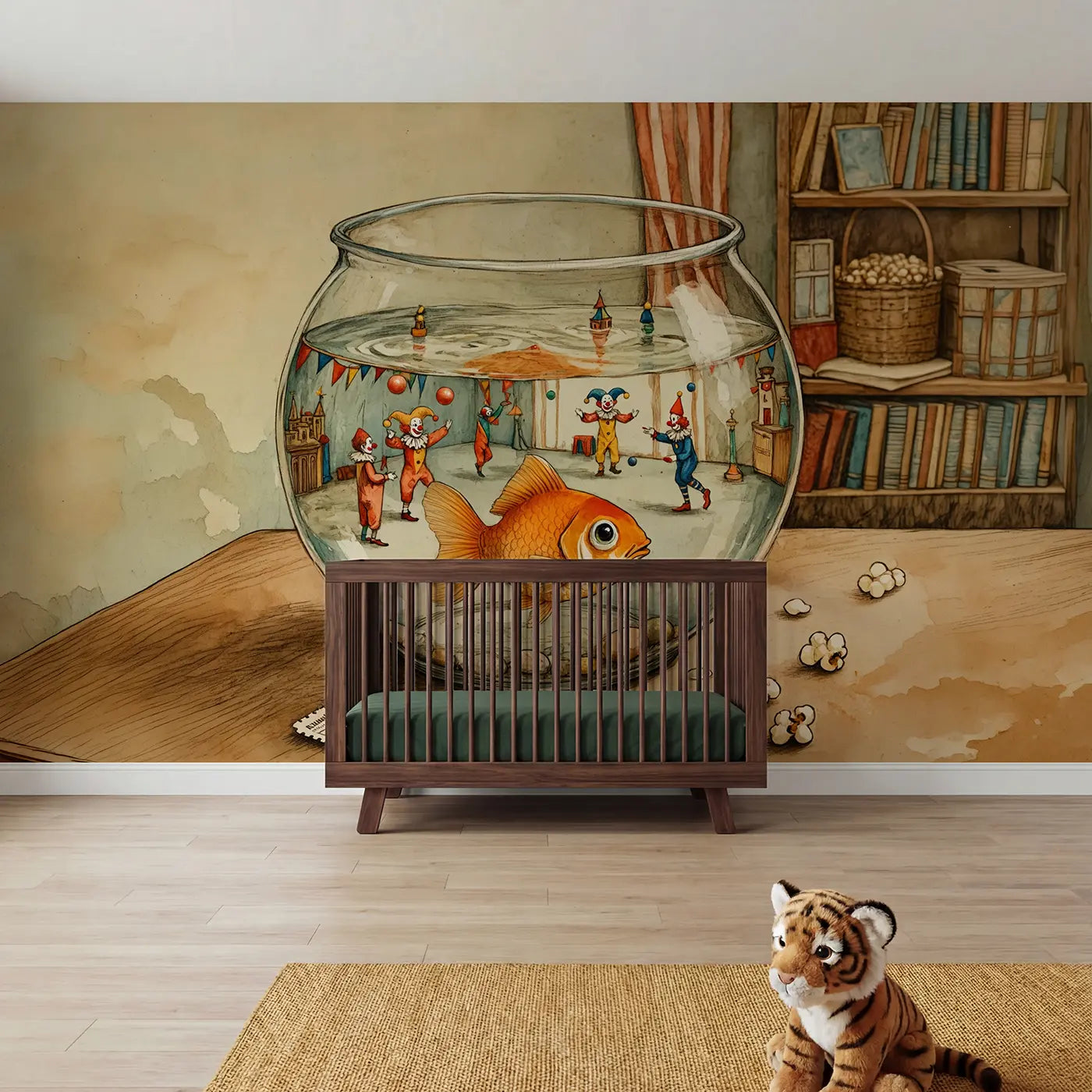 storybook goldfish bowl circus view wallpaper mural for girls room by Whimsy Tots