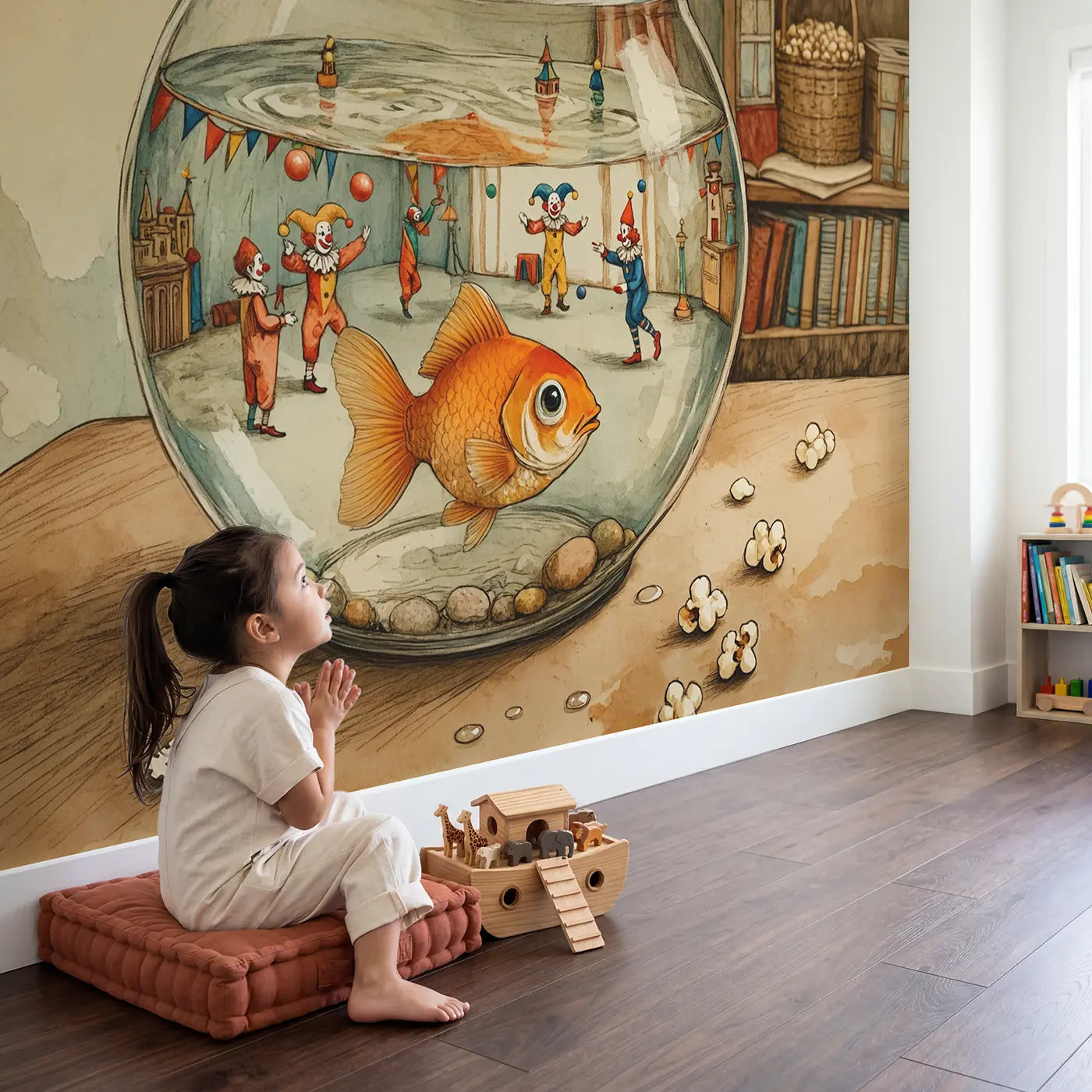 Child in nursery with Goldfish Bowl Circus View Wallpaper Mural by Whimsy Tots
