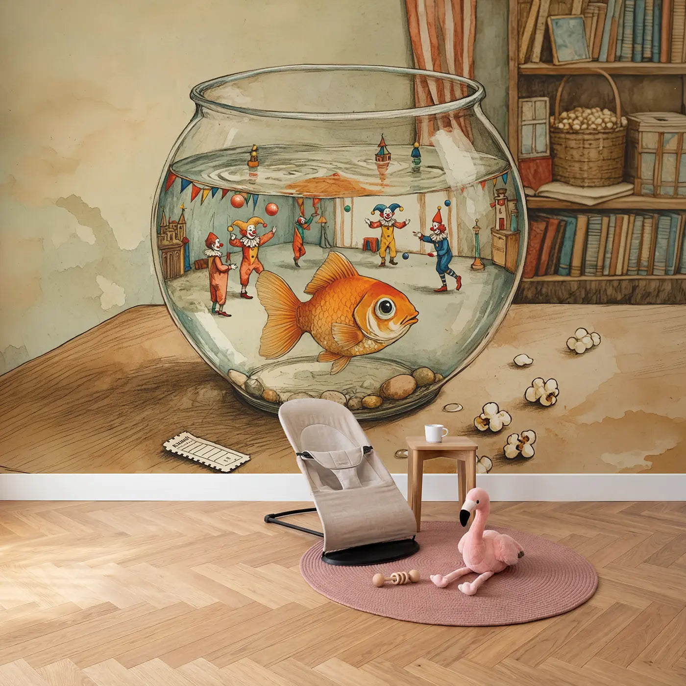 Goldfish Bowl Circus View Wallpaper Mural in playroom setting by Whimsy Tots