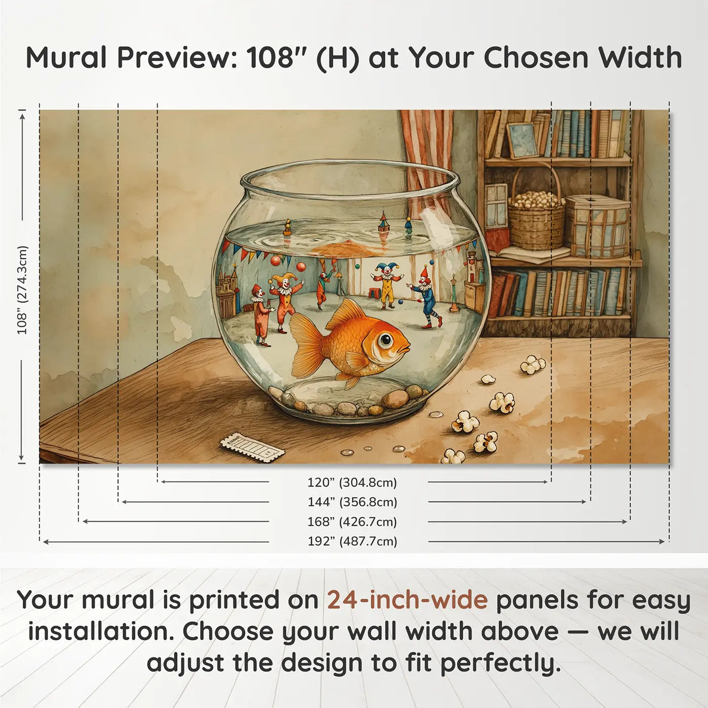 Panel layout and dimensions for Goldfish Bowl Circus View Wallpaper Mural by Whimsy Tots