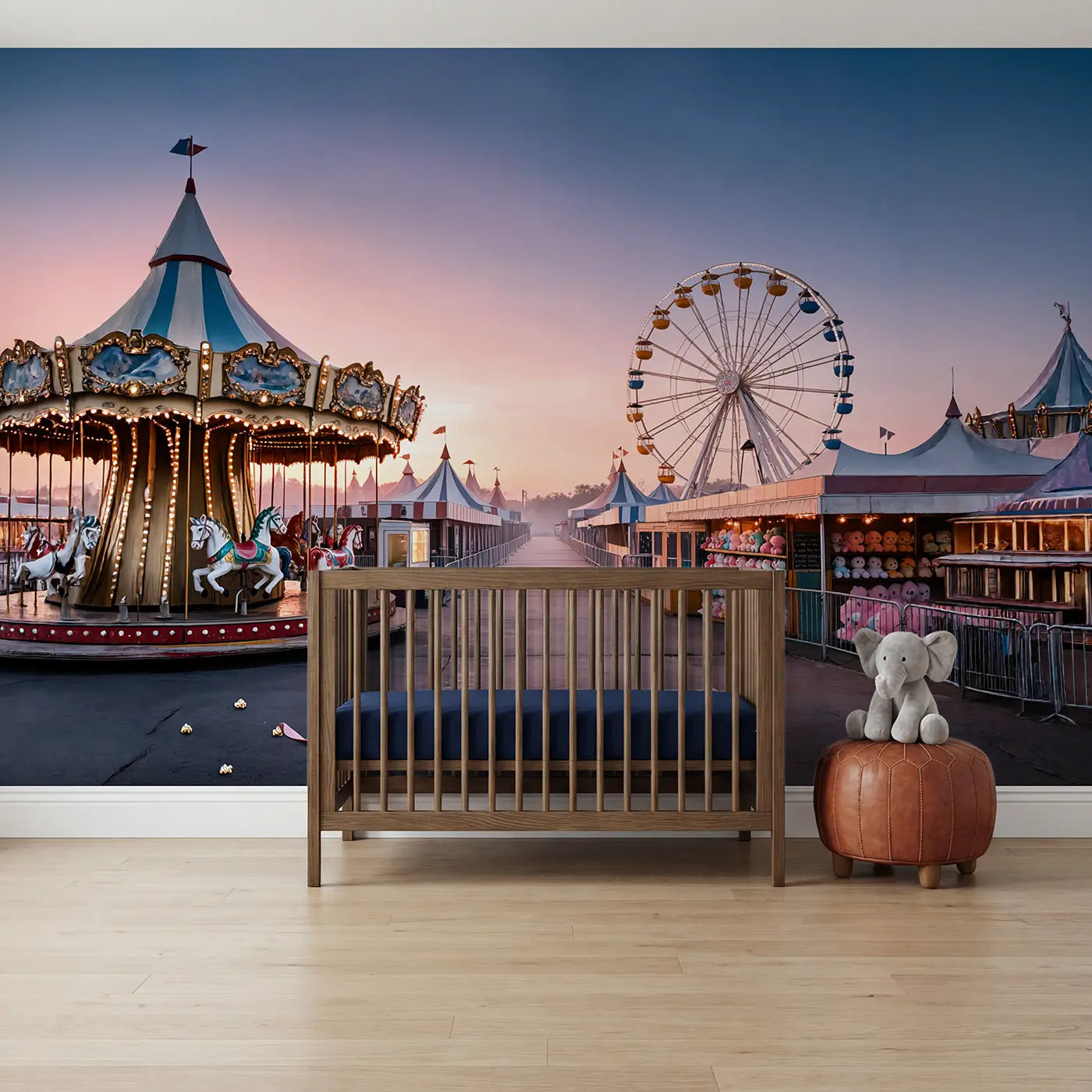 Soft pastel dawn fairground carousel ferris wheel wallpaper mural for kids room by Whimsy Tots