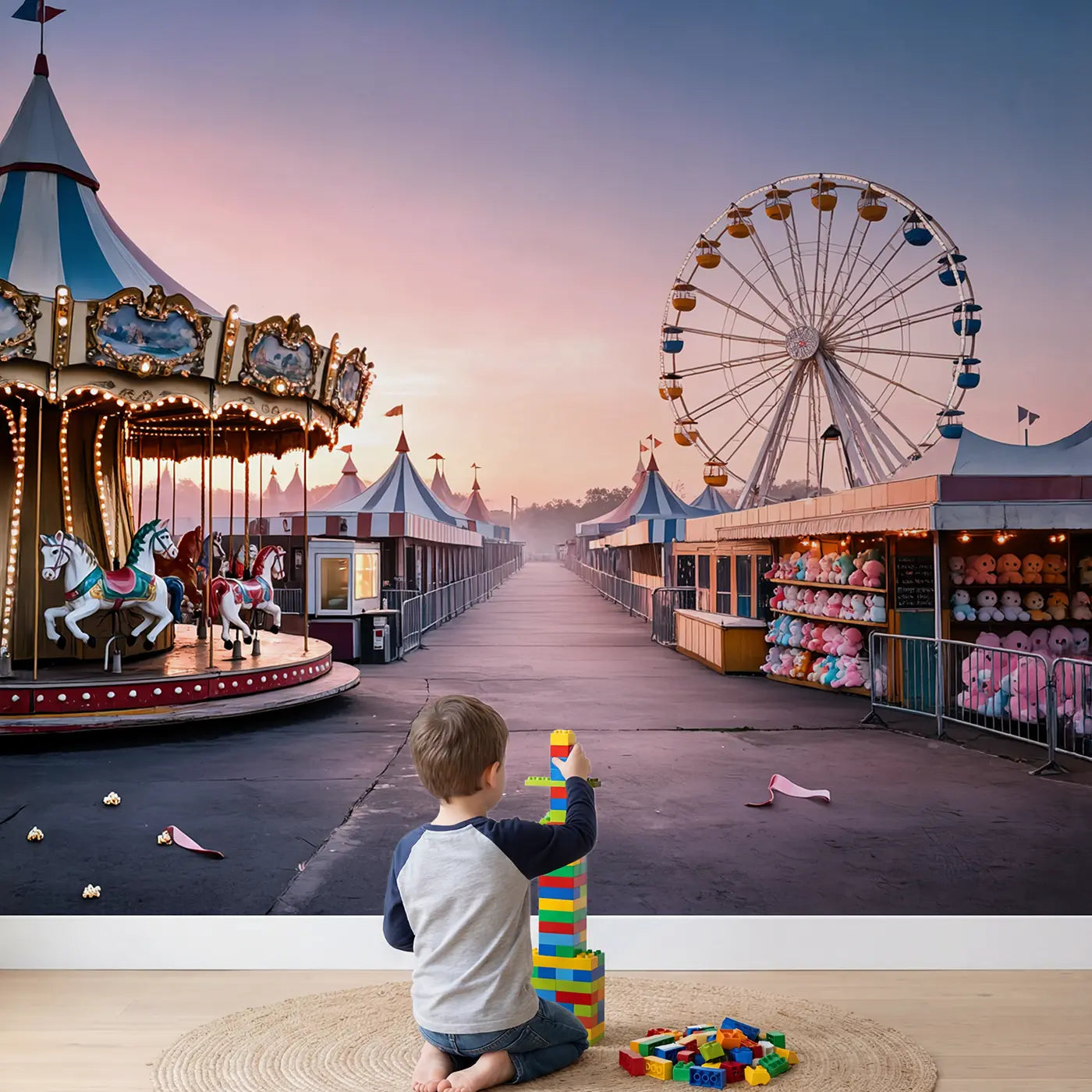Child in nursery with Dawn Fairground Before Opening Wallpaper Mural by Whimsy Tots