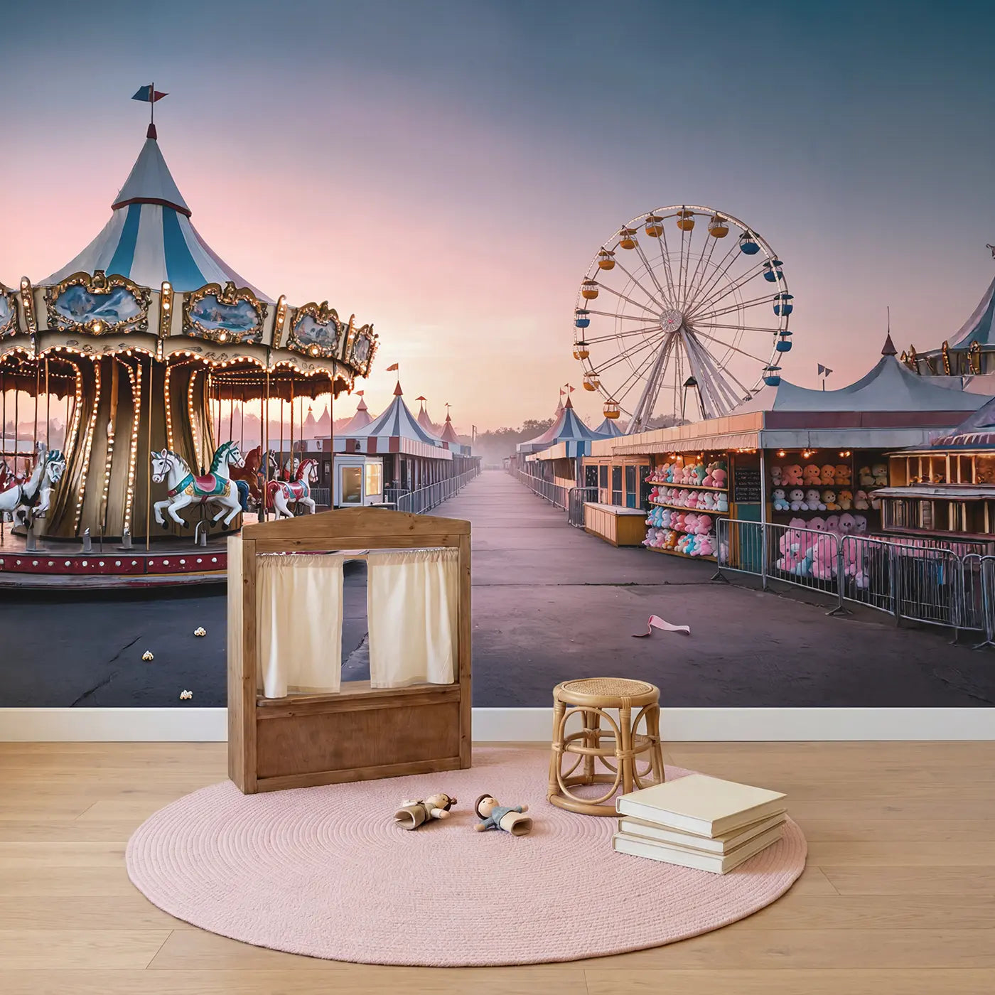 Dawn Fairground Before Opening Wallpaper Mural in playroom setting by Whimsy Tots