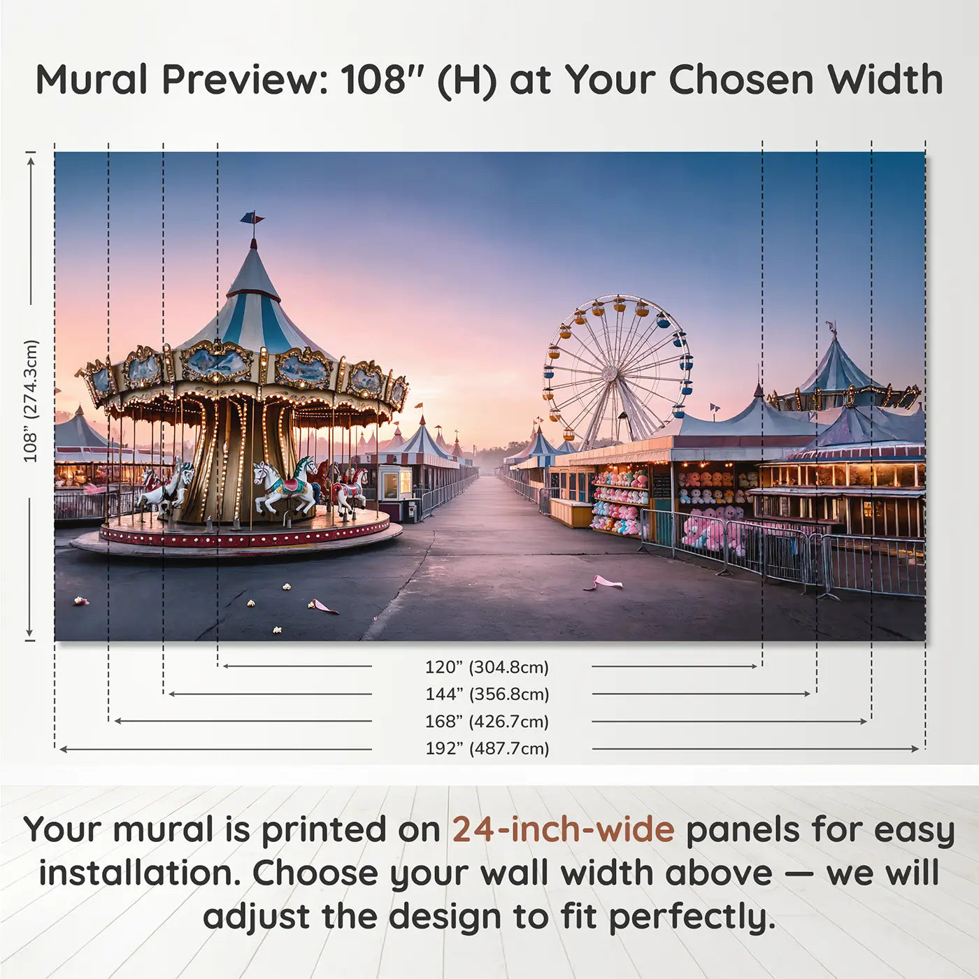 Panel layout and dimensions for Dawn Fairground Before Opening Wallpaper Mural by Whimsy Tots