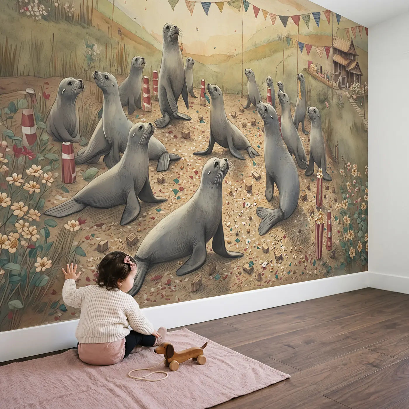 Child in nursery with Seal Act Fish Reward Wallpaper Mural by Whimsy Tots