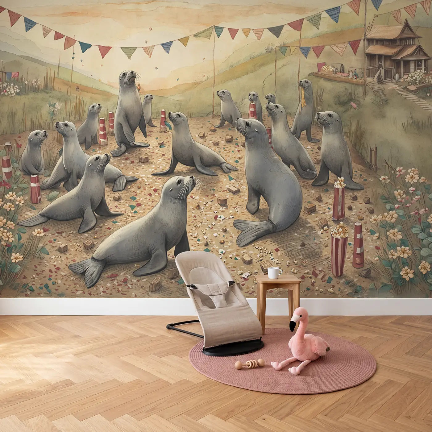 Seal Act Fish Reward Wallpaper Mural in playroom setting by Whimsy Tots