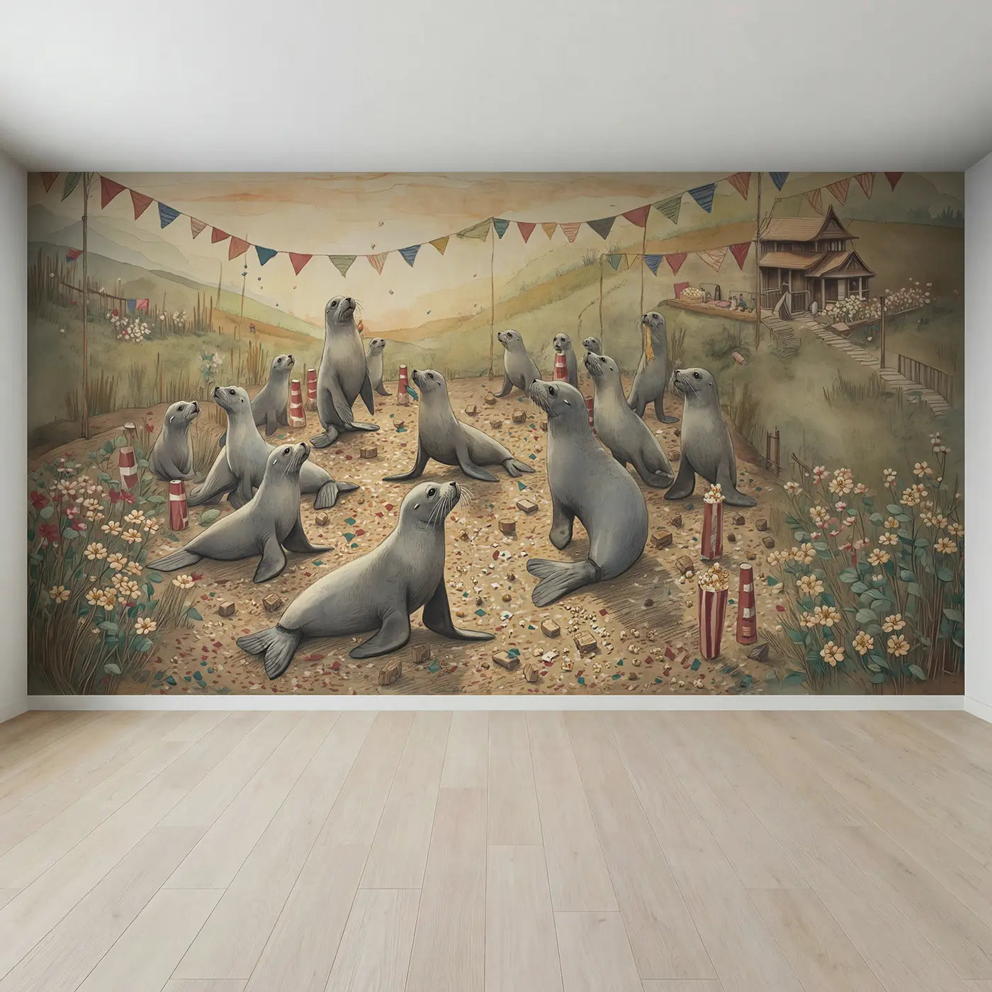 Full view of Seal Act Fish Reward Wallpaper Mural by Whimsy Tots