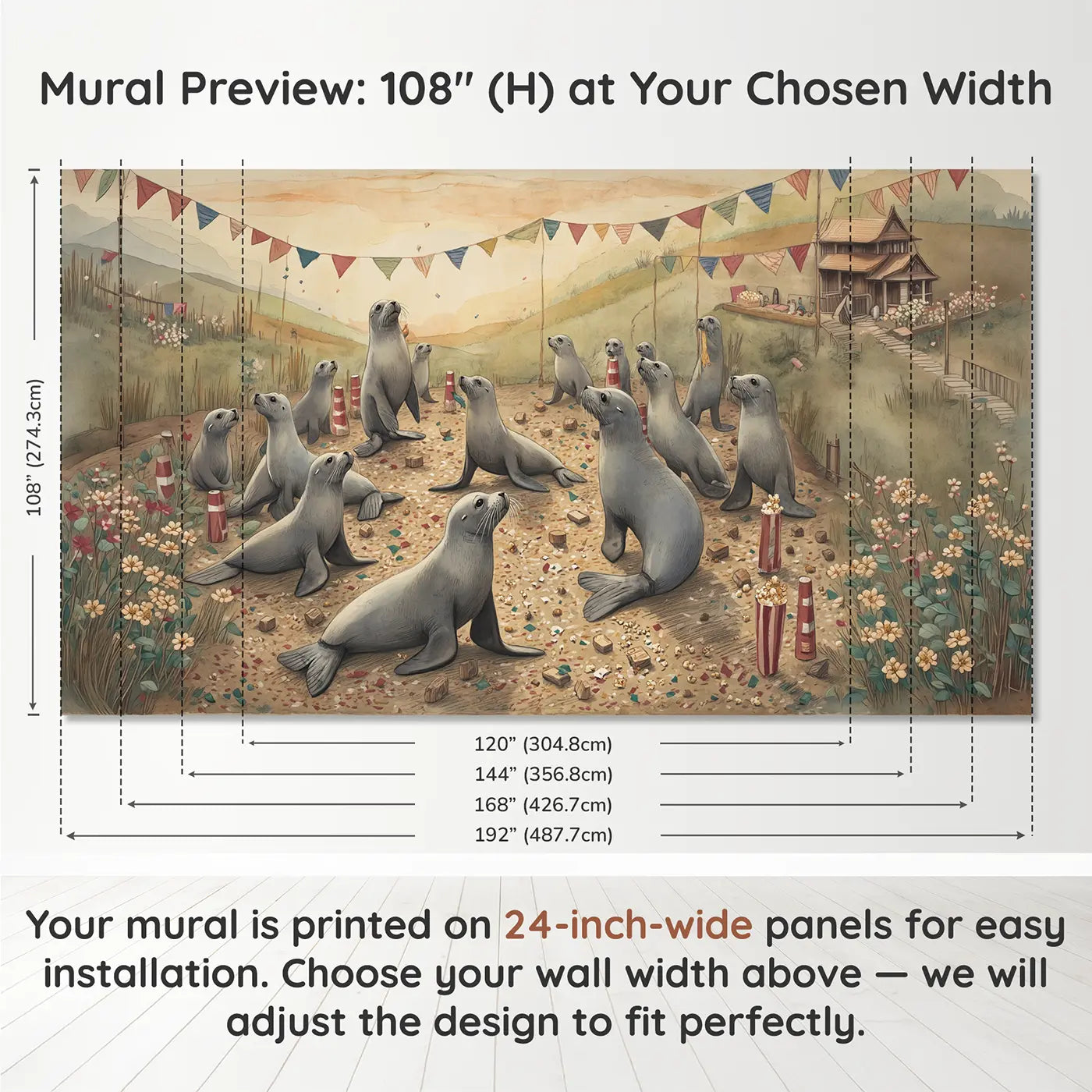 Panel layout and dimensions for Seal Act Fish Reward Wallpaper Mural by Whimsy Tots