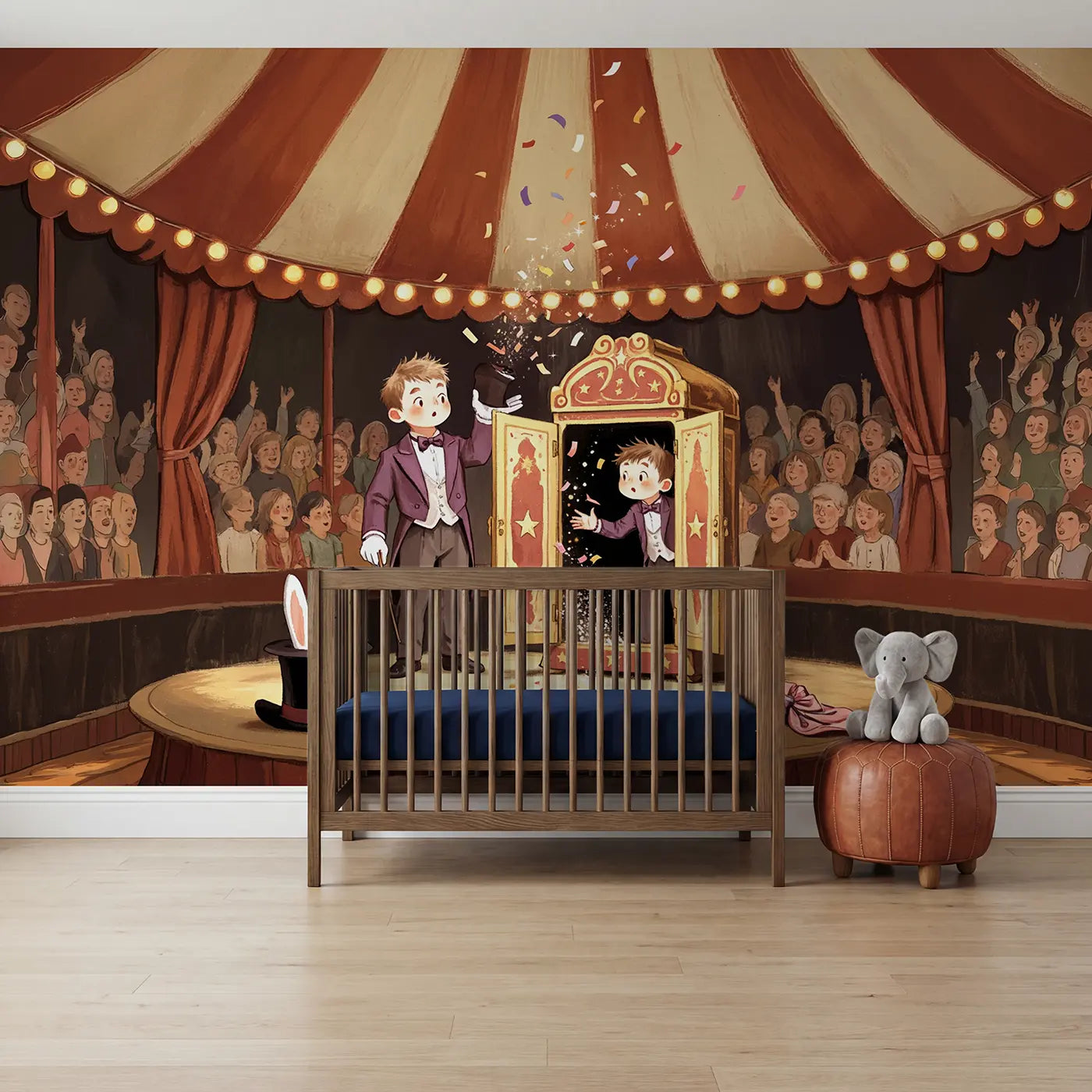 Soft Pastel circus magic cabinet wallpaper mural for kids room by Whimsy Tots