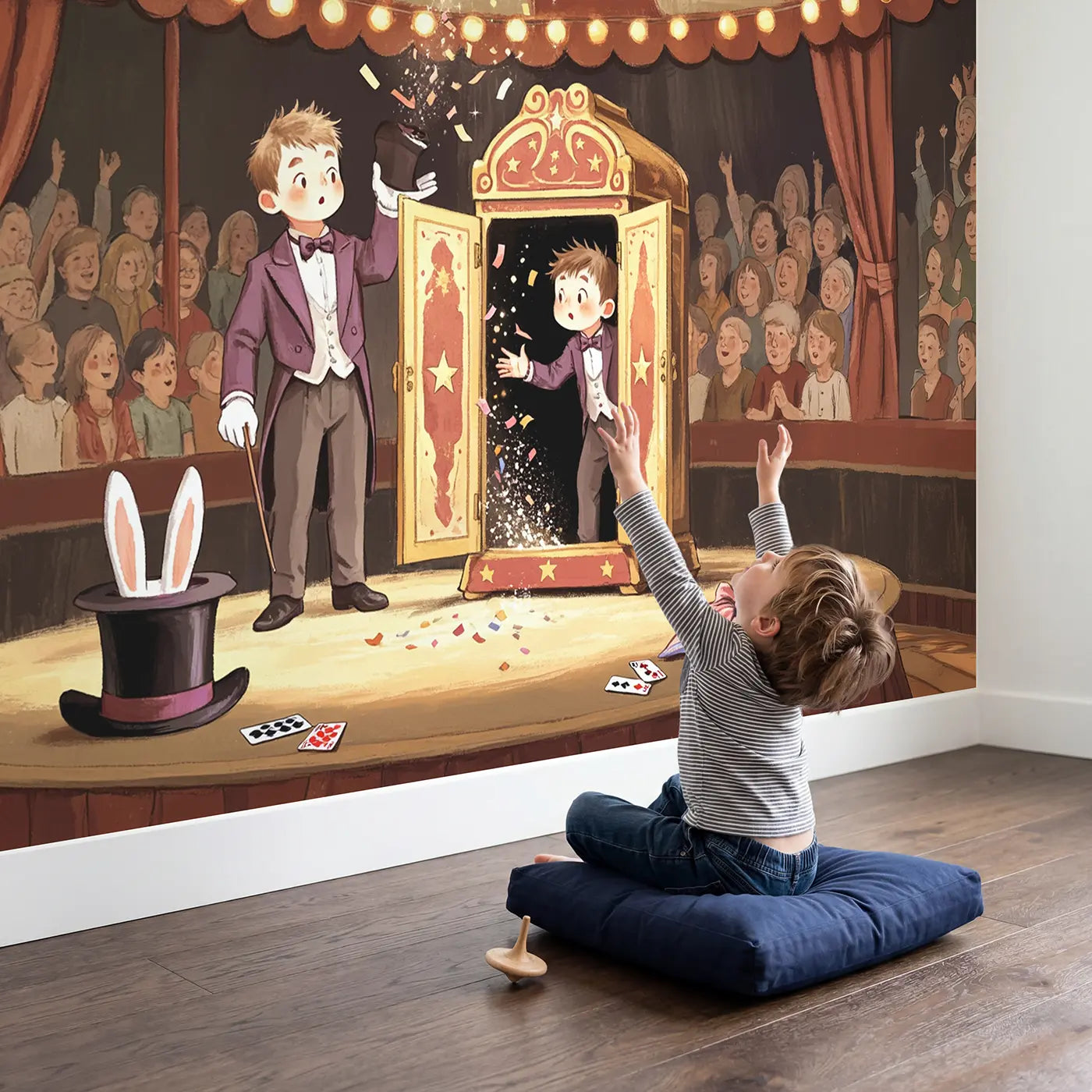 Child in nursery with Circus Magic Cabinet Wallpaper Mural by Whimsy Tots
