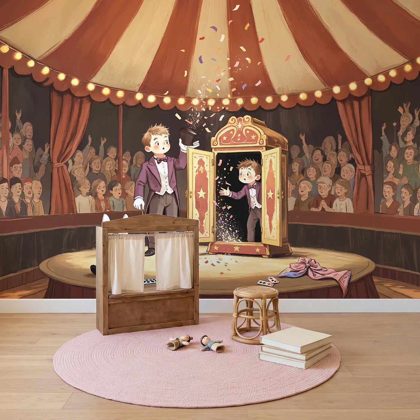 Circus Magic Cabinet Wallpaper Mural in playroom setting by Whimsy Tots