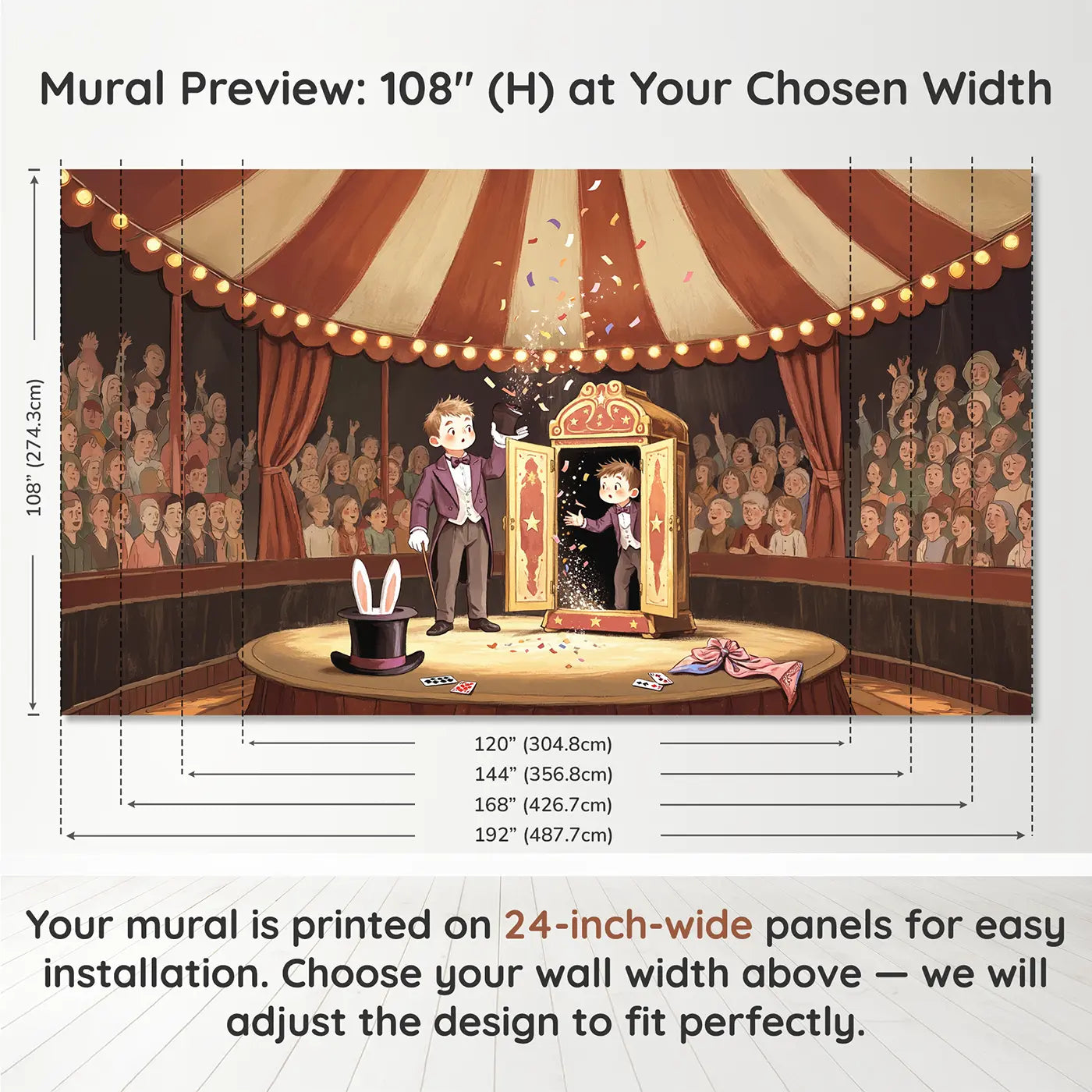 Panel layout and dimensions for Circus Magic Cabinet Wallpaper Mural by Whimsy Tots