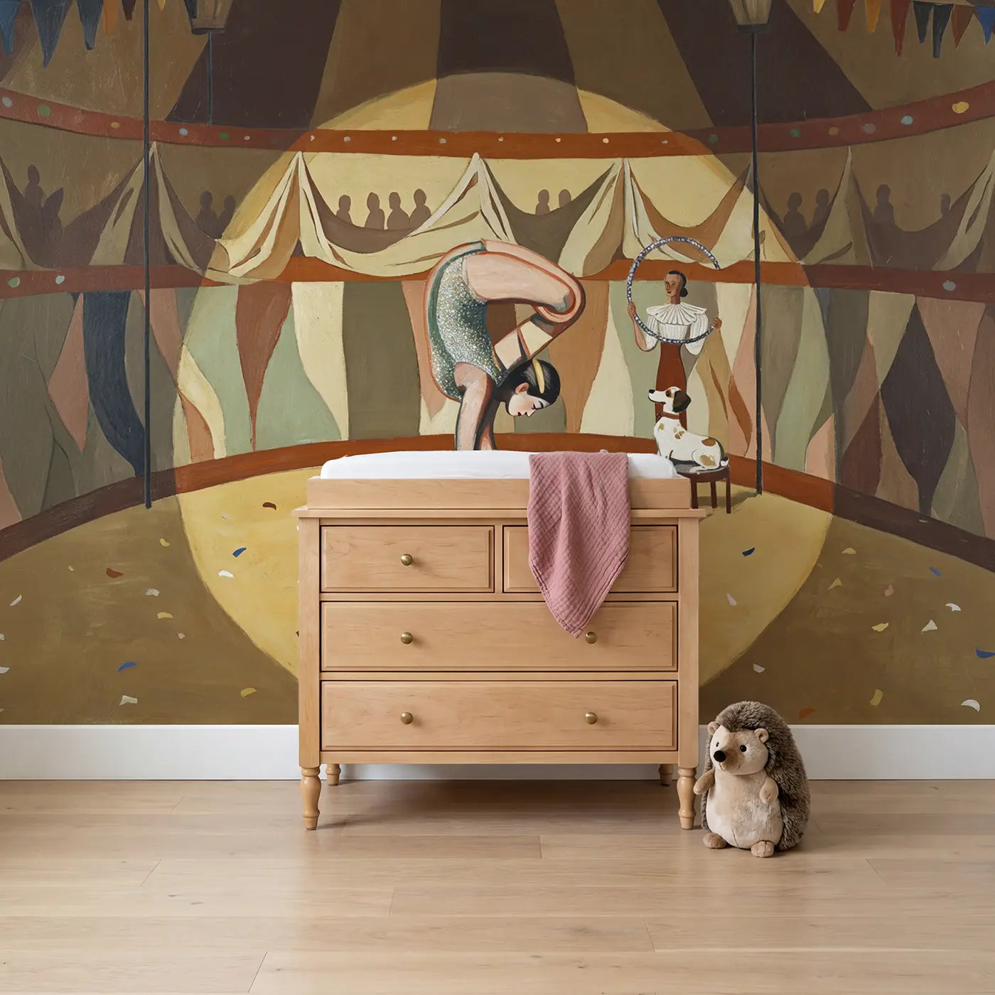 Modern illustration circus acrobat spotlight wallpaper mural for girls room by Whimsy Tots