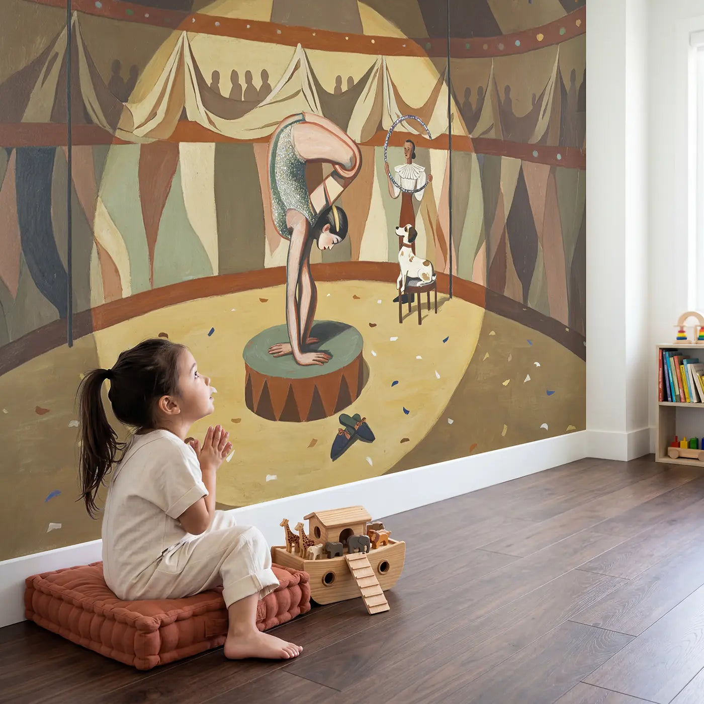 Child in nursery with Circus Contortionist Act Wallpaper Mural by Whimsy Tots