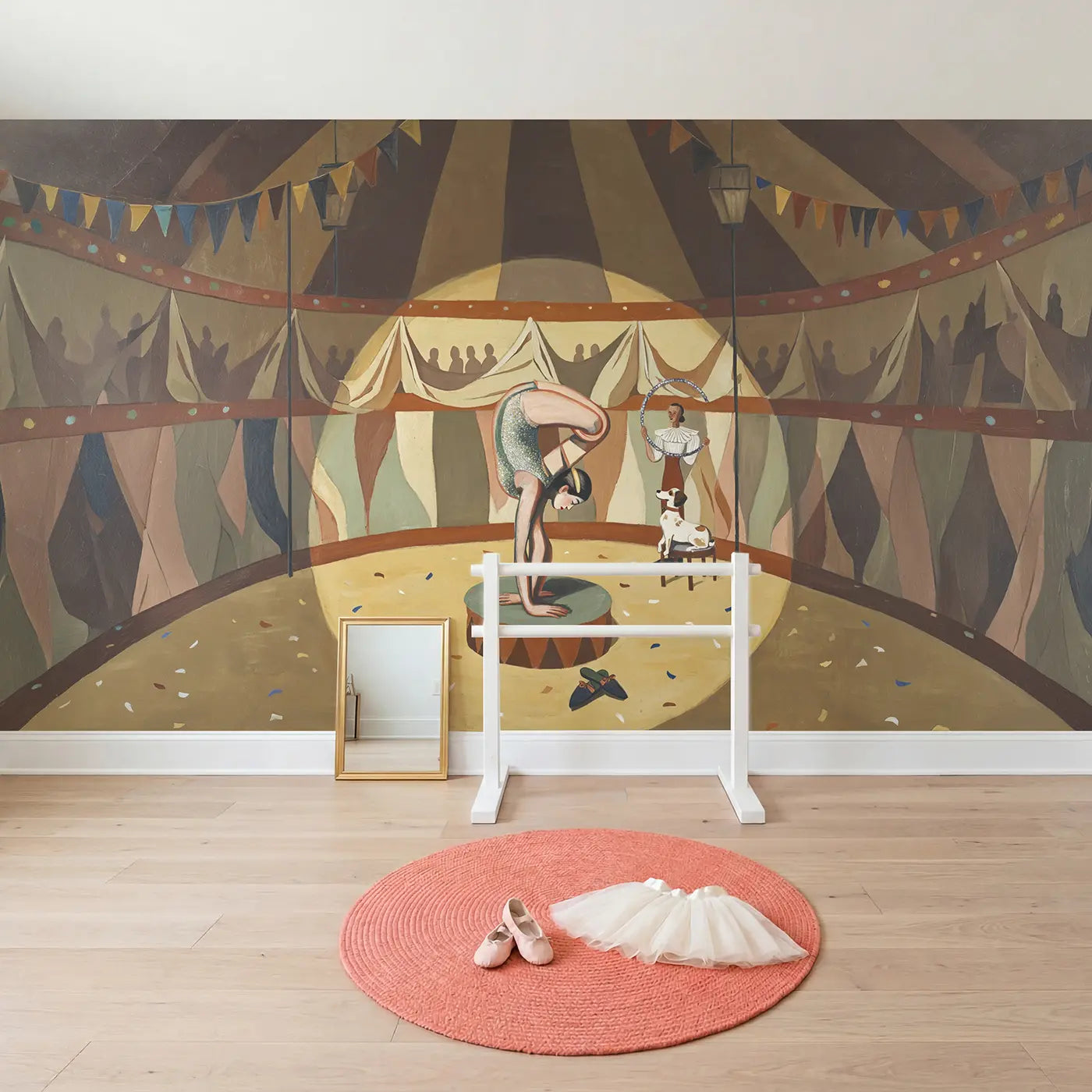 Circus Contortionist Act Wallpaper Mural in playroom setting by Whimsy Tots