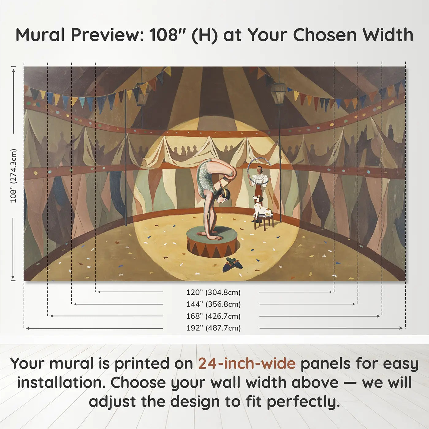 Panel layout and dimensions for Circus Contortionist Act Wallpaper Mural by Whimsy Tots