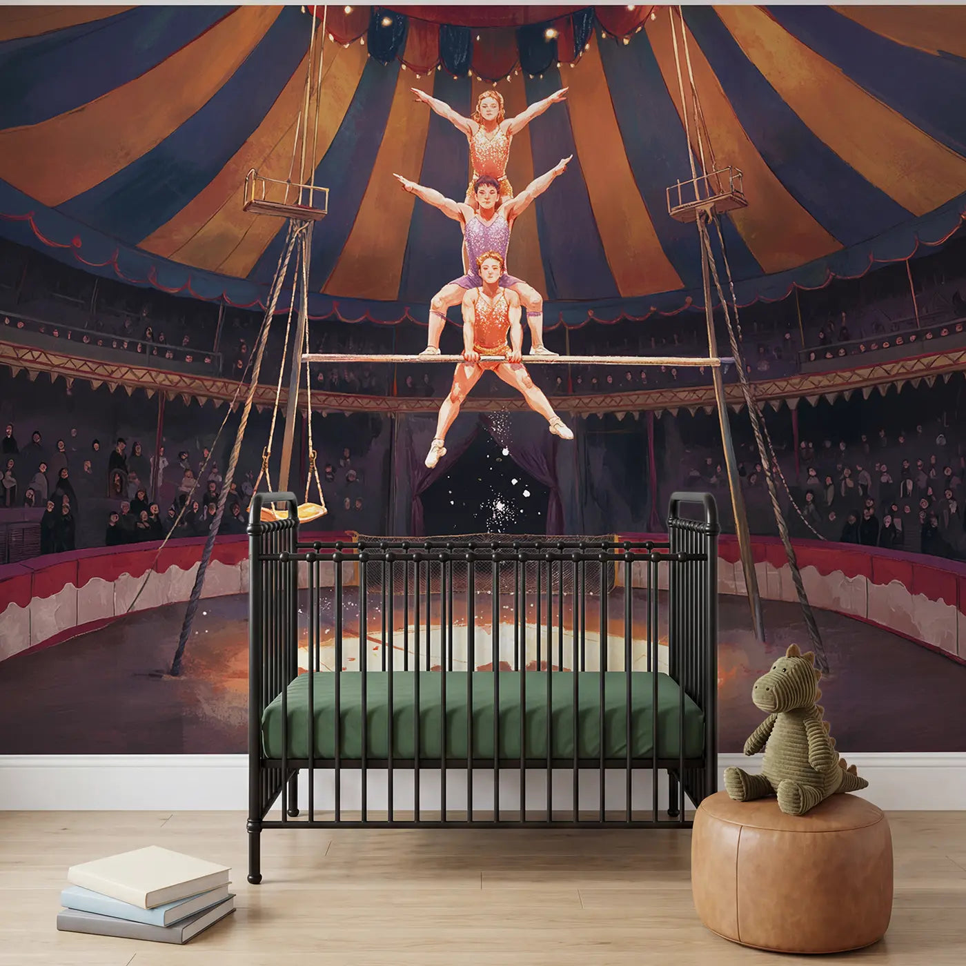 soft pastel trapeze artists circus mural for playroom by Whimsy Tots