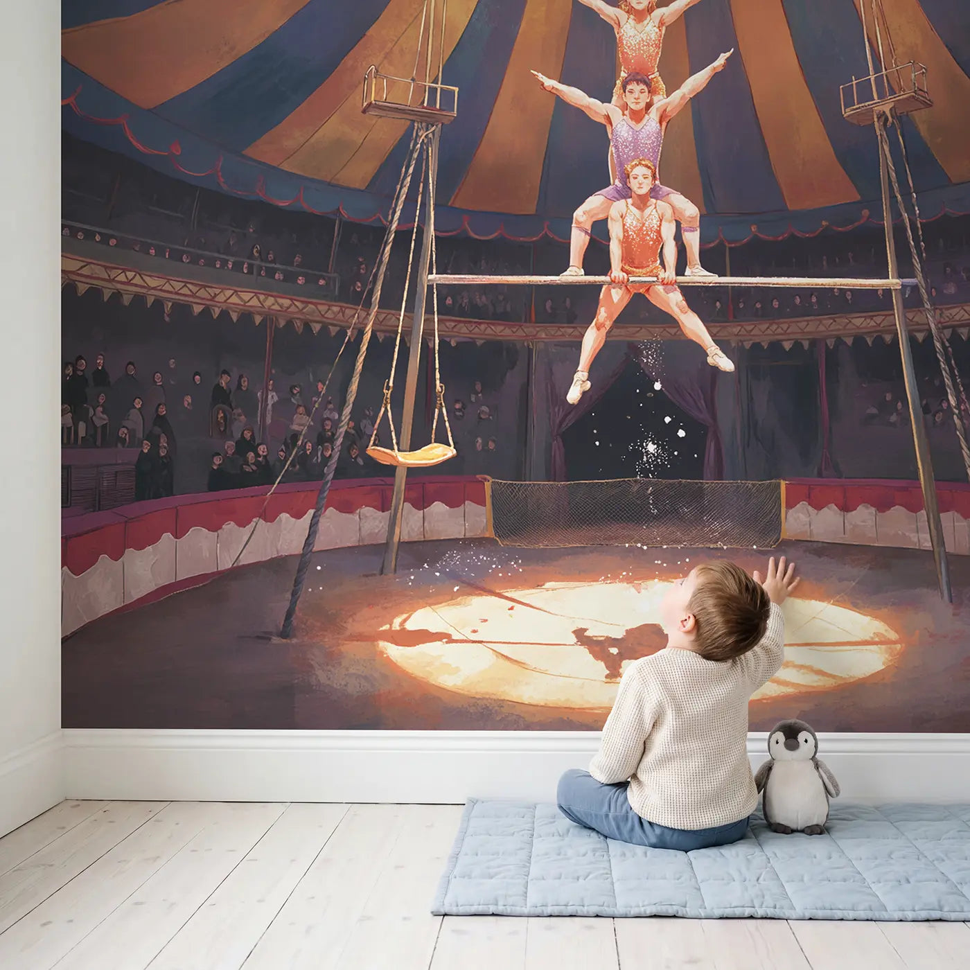 Child in nursery with Trapeze Artists Circus Pyramid Wallpaper Mural by Whimsy Tots