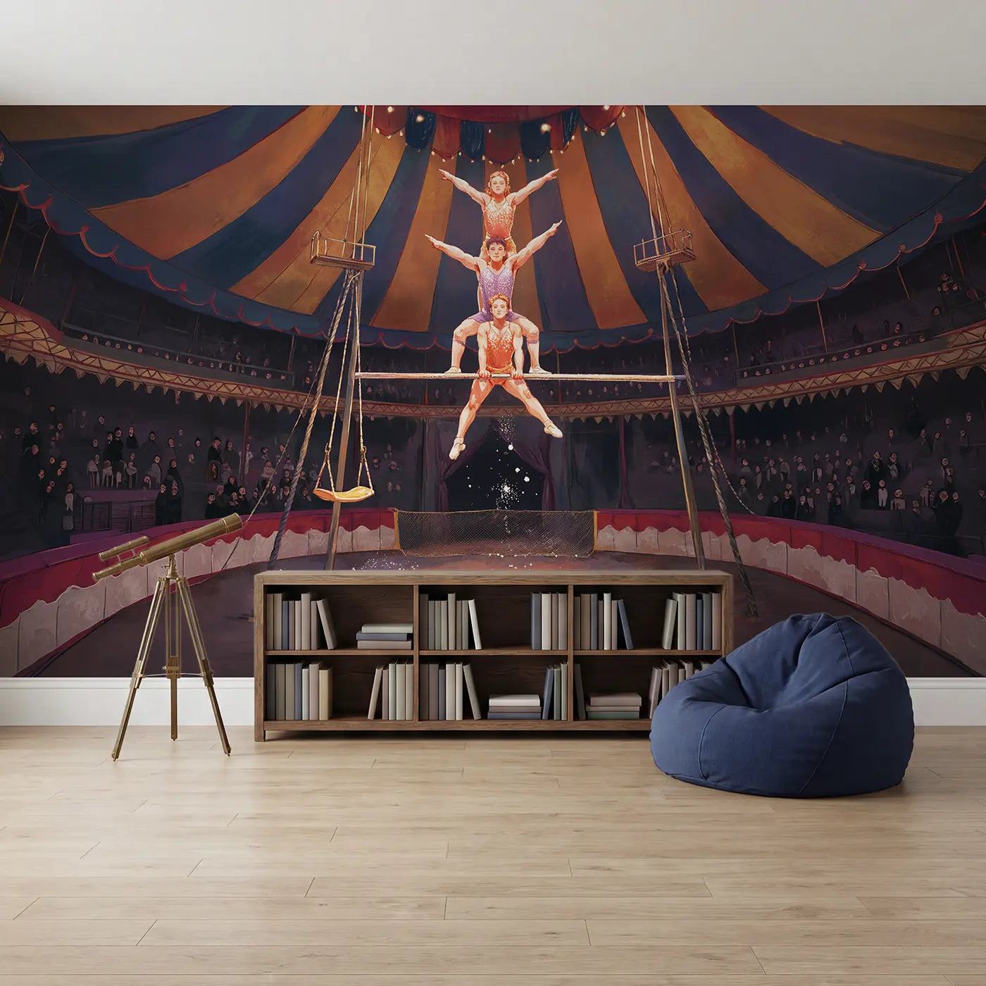 Trapeze Artists Circus Pyramid Wallpaper Mural in playroom setting by Whimsy Tots