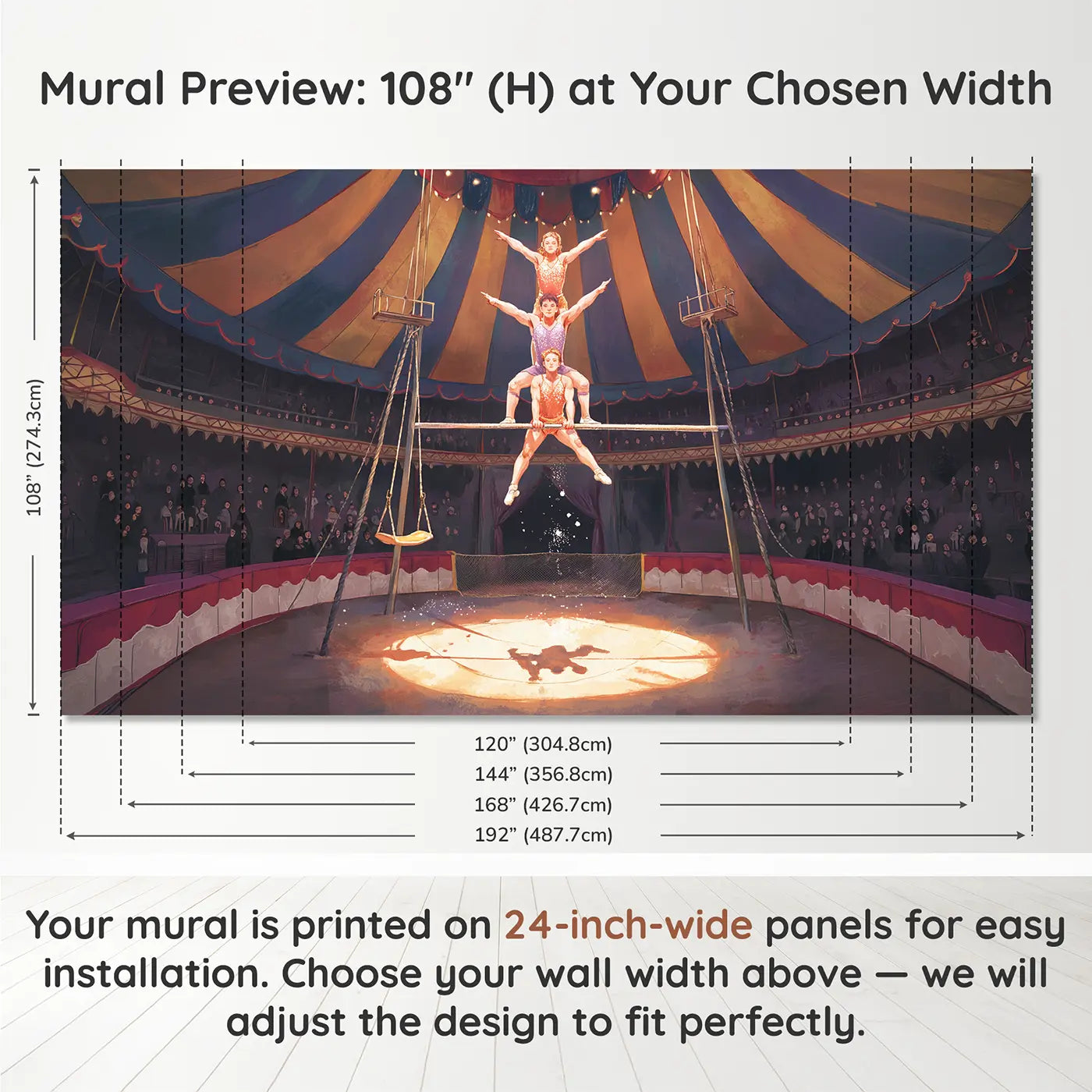 Panel layout and dimensions for Trapeze Artists Circus Pyramid Wallpaper Mural by Whimsy Tots