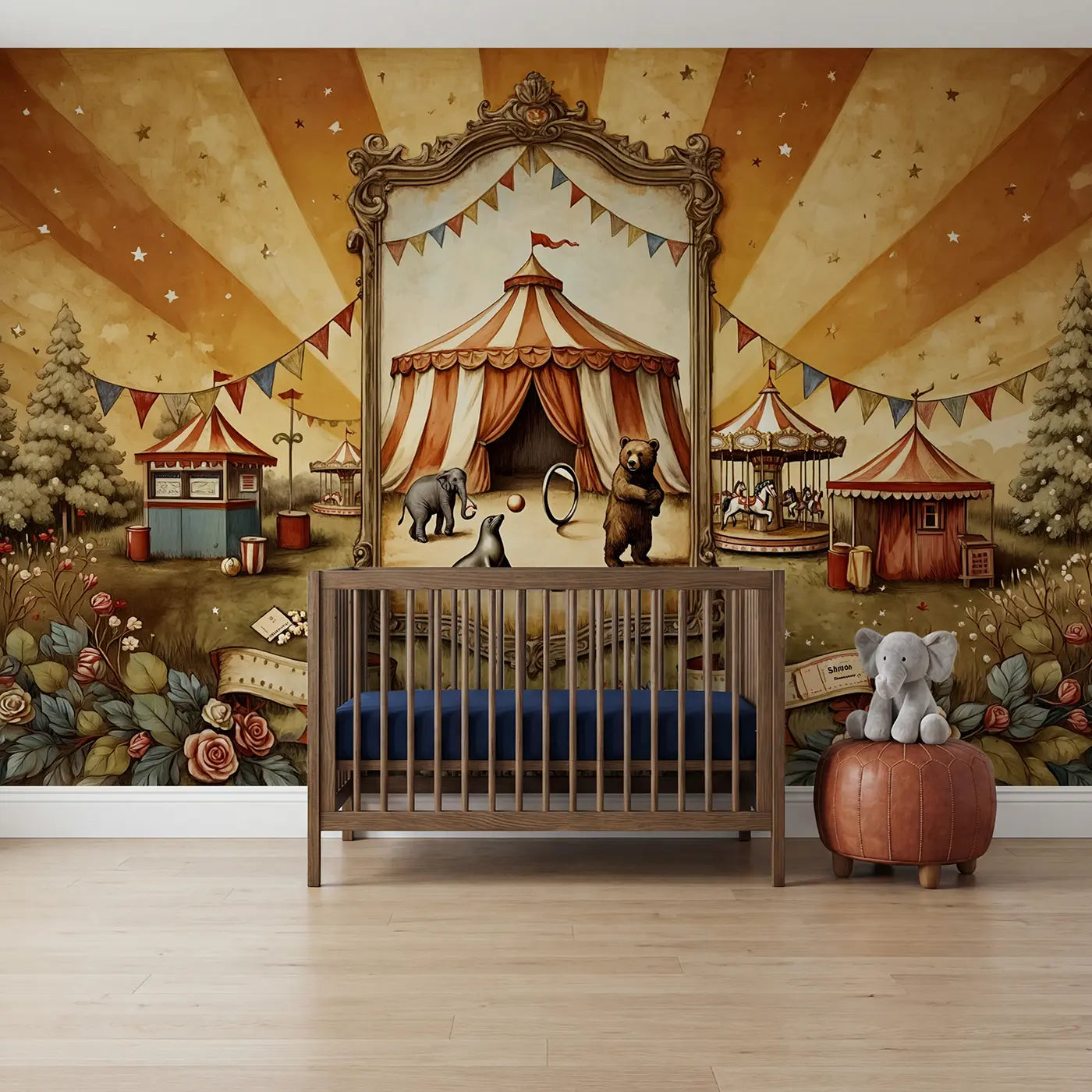 Storybook circus poster with elephant and performers wallpaper mural for kids room by Whimsy Tots