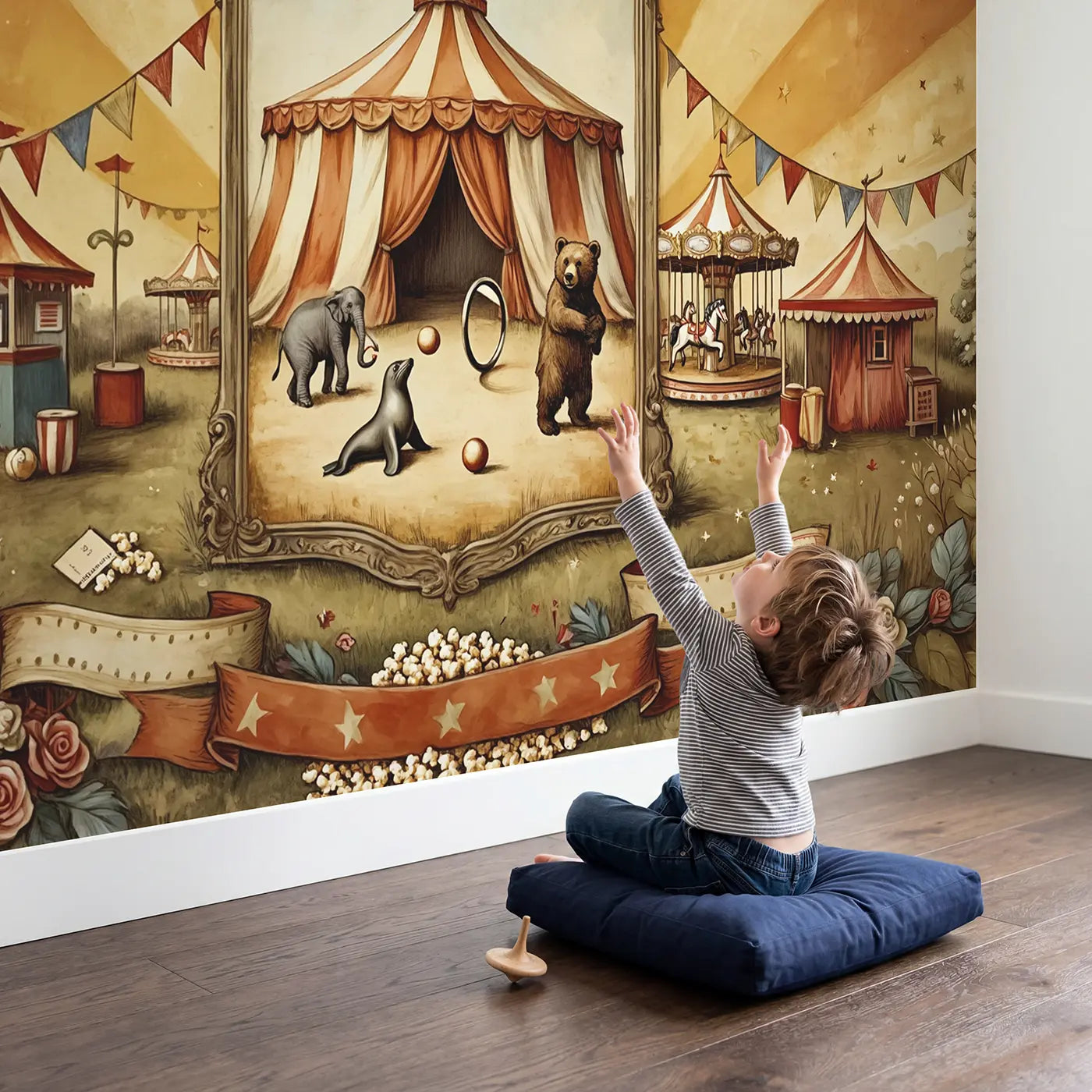Child in nursery with Vintage Circus Poster Style Wallpaper Mural by Whimsy Tots