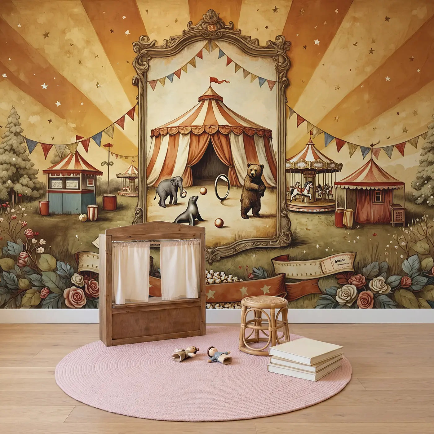 Vintage Circus Poster Style Wallpaper Mural in playroom setting by Whimsy Tots