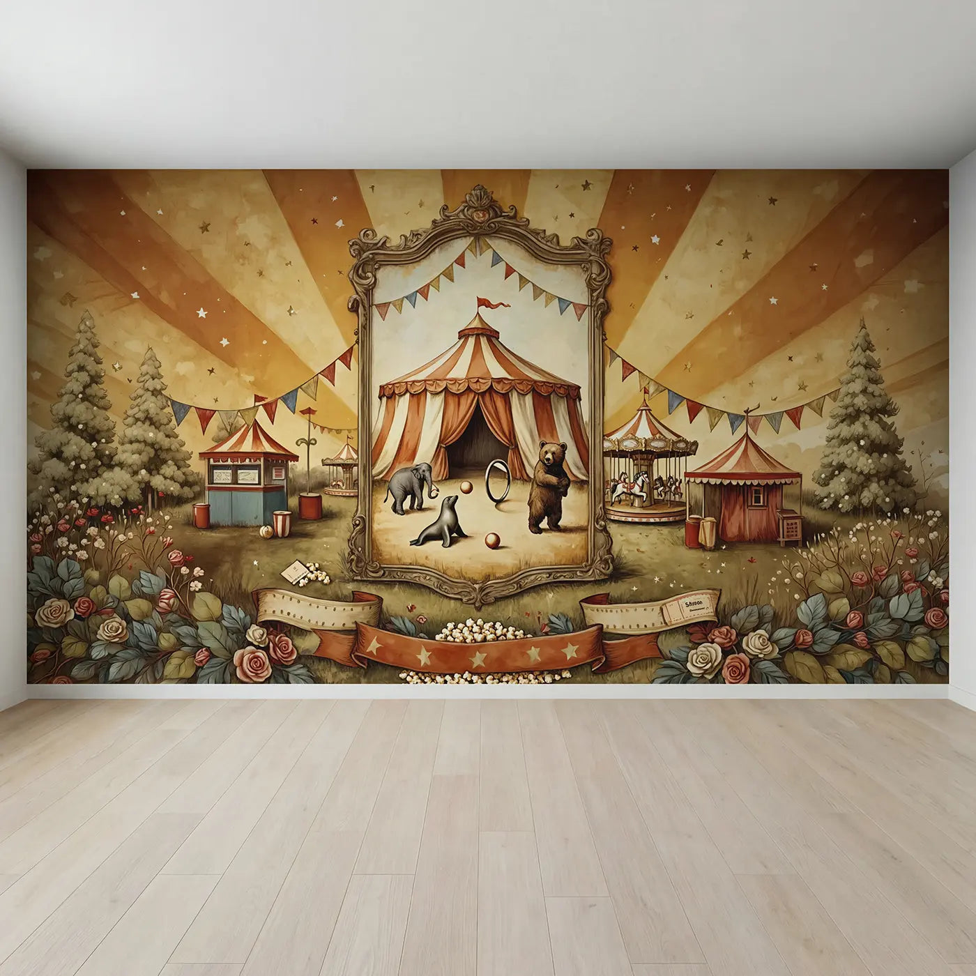 Full view of Vintage Circus Poster Style Wallpaper Mural by Whimsy Tots