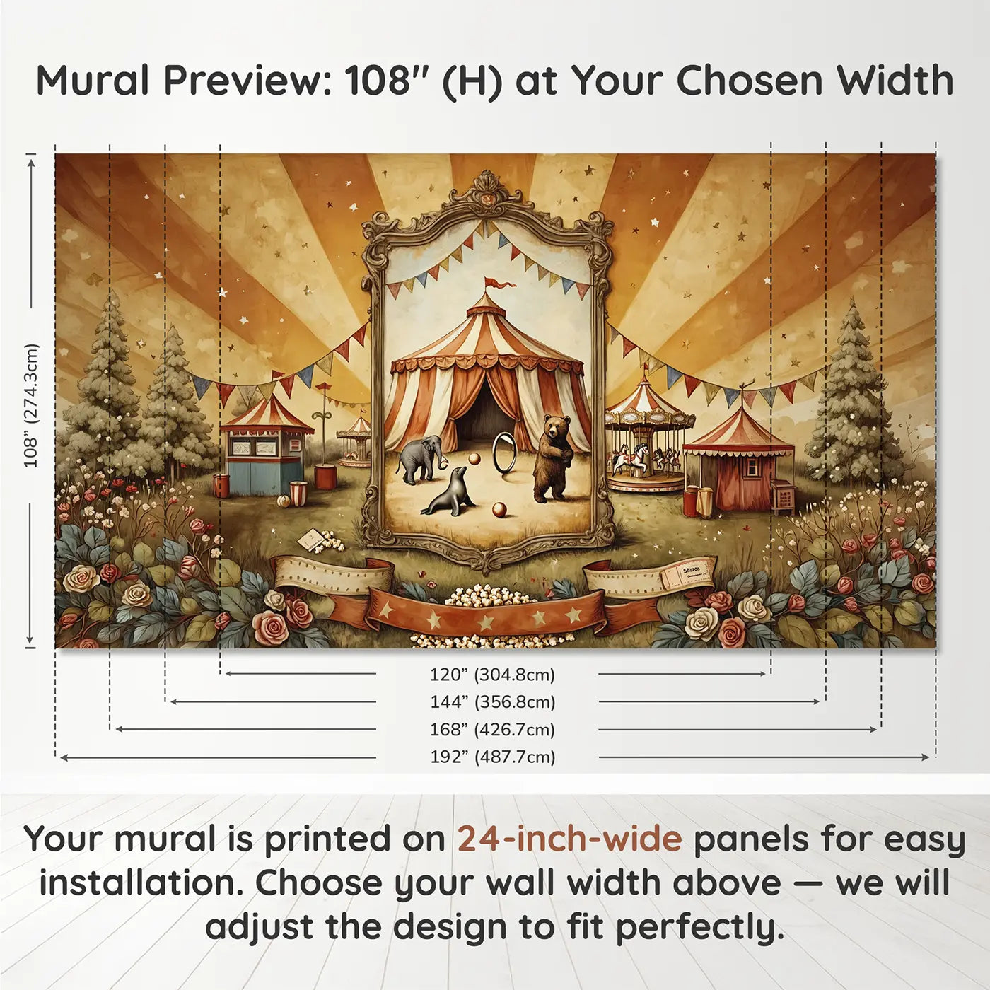 Panel layout and dimensions for Vintage Circus Poster Style Wallpaper Mural by Whimsy Tots
