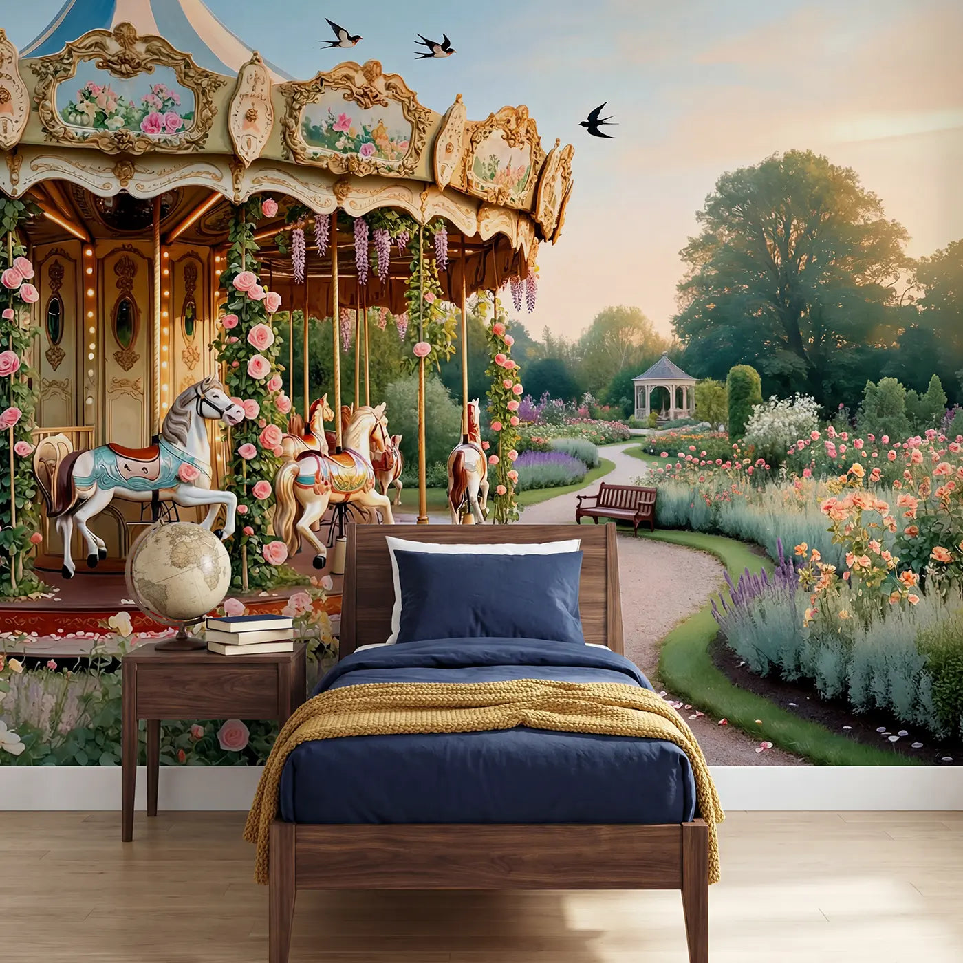 Soft pastel garden carousel roses afternoon wallpaper mural for kids room by Whimsy Tots