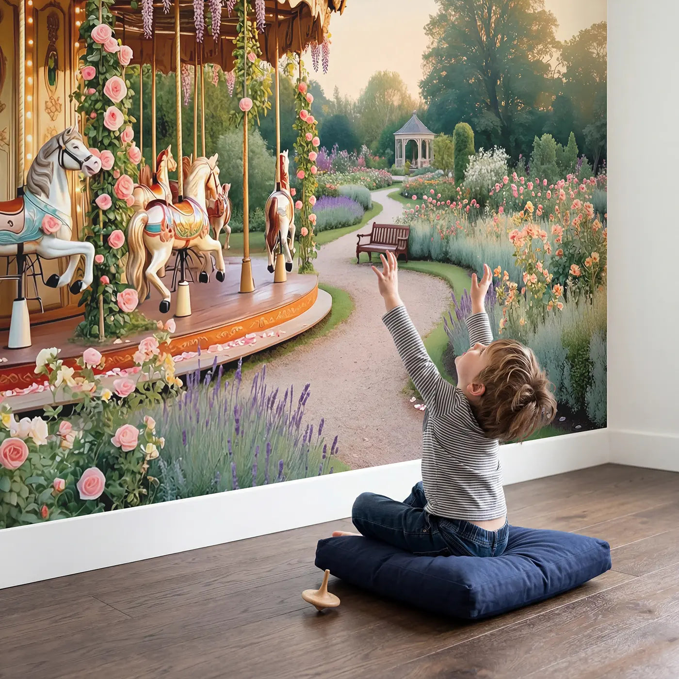 Child in nursery with Garden Carousel Afternoon Wallpaper Mural by Whimsy Tots