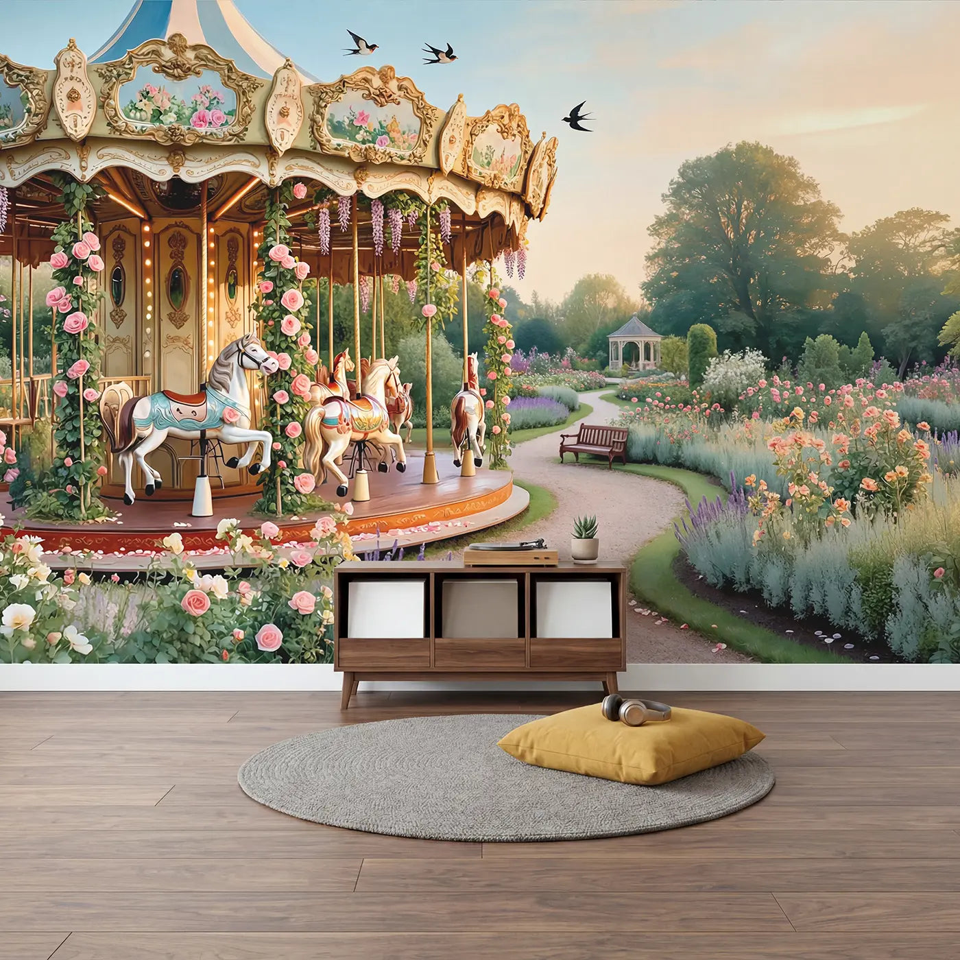 Garden Carousel Afternoon Wallpaper Mural in playroom setting by Whimsy Tots