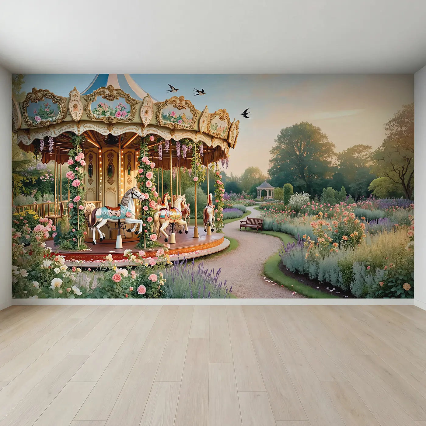 Full view of Garden Carousel Afternoon Wallpaper Mural by Whimsy Tots