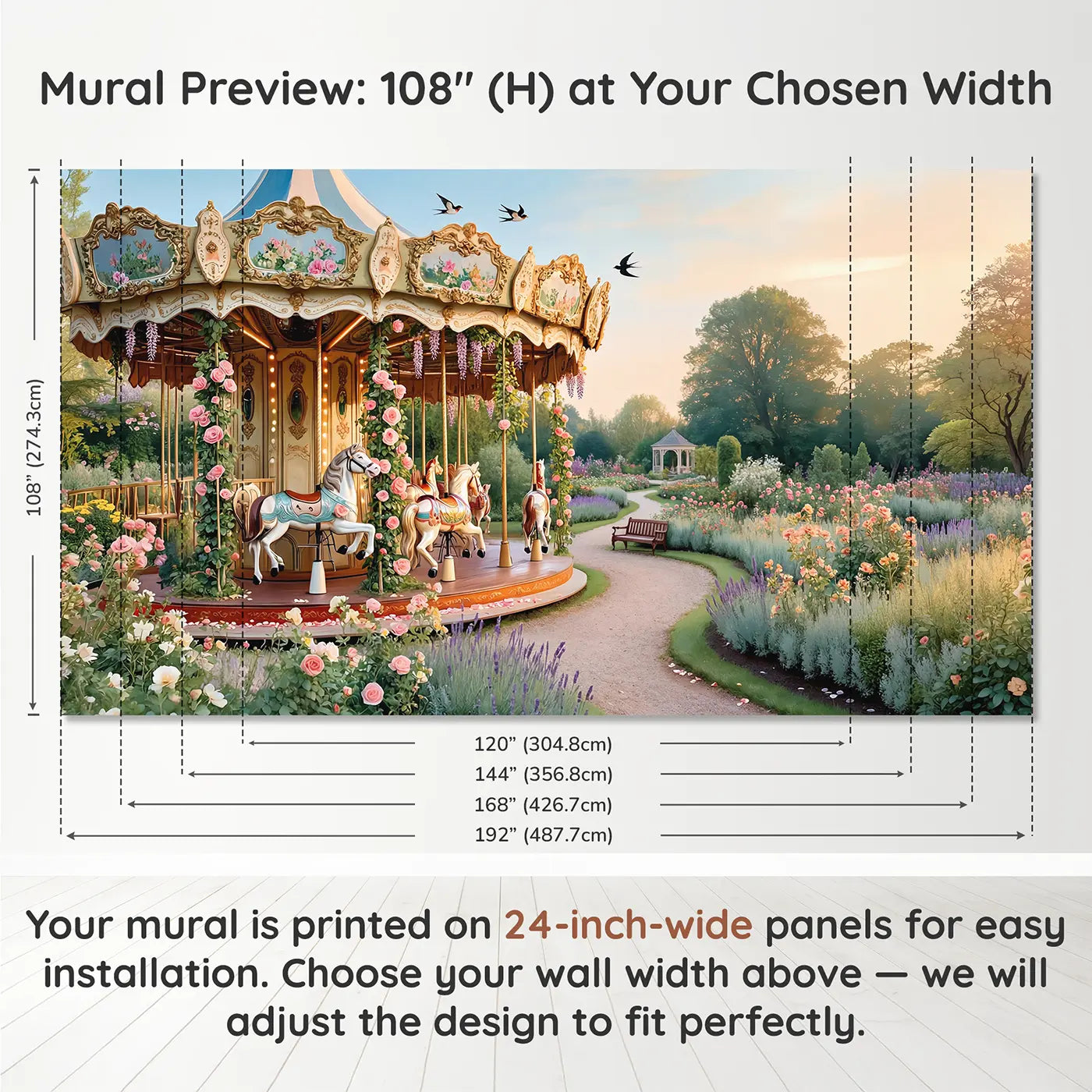 Panel layout and dimensions for Garden Carousel Afternoon Wallpaper Mural by Whimsy Tots