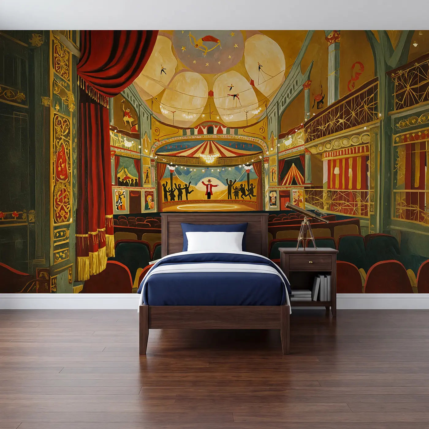 Modern illustration grand circus theater interior wallpaper mural for kids room by Whimsy Tots