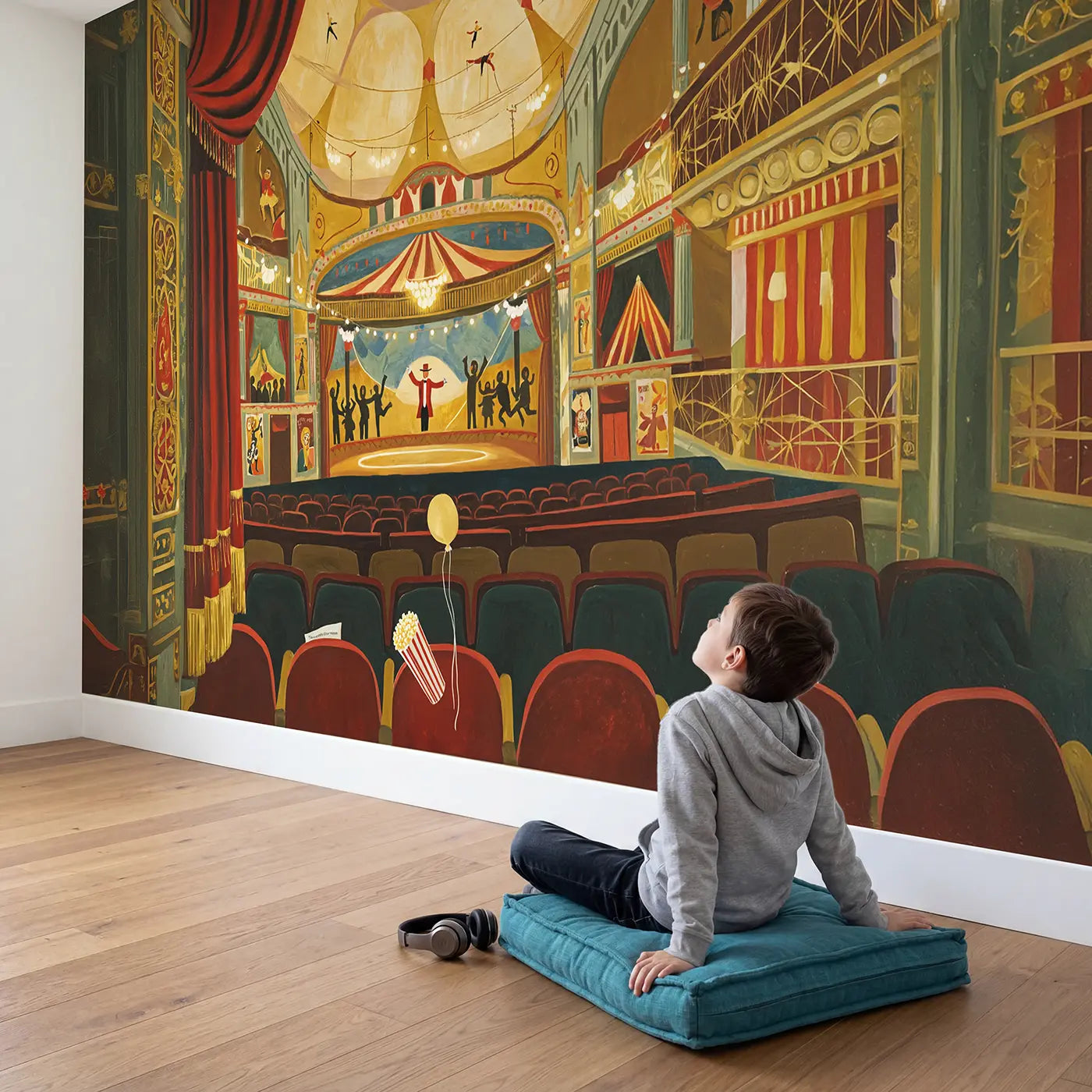 Child in nursery with Grand Circus Theater Interior Wallpaper Mural by Whimsy Tots