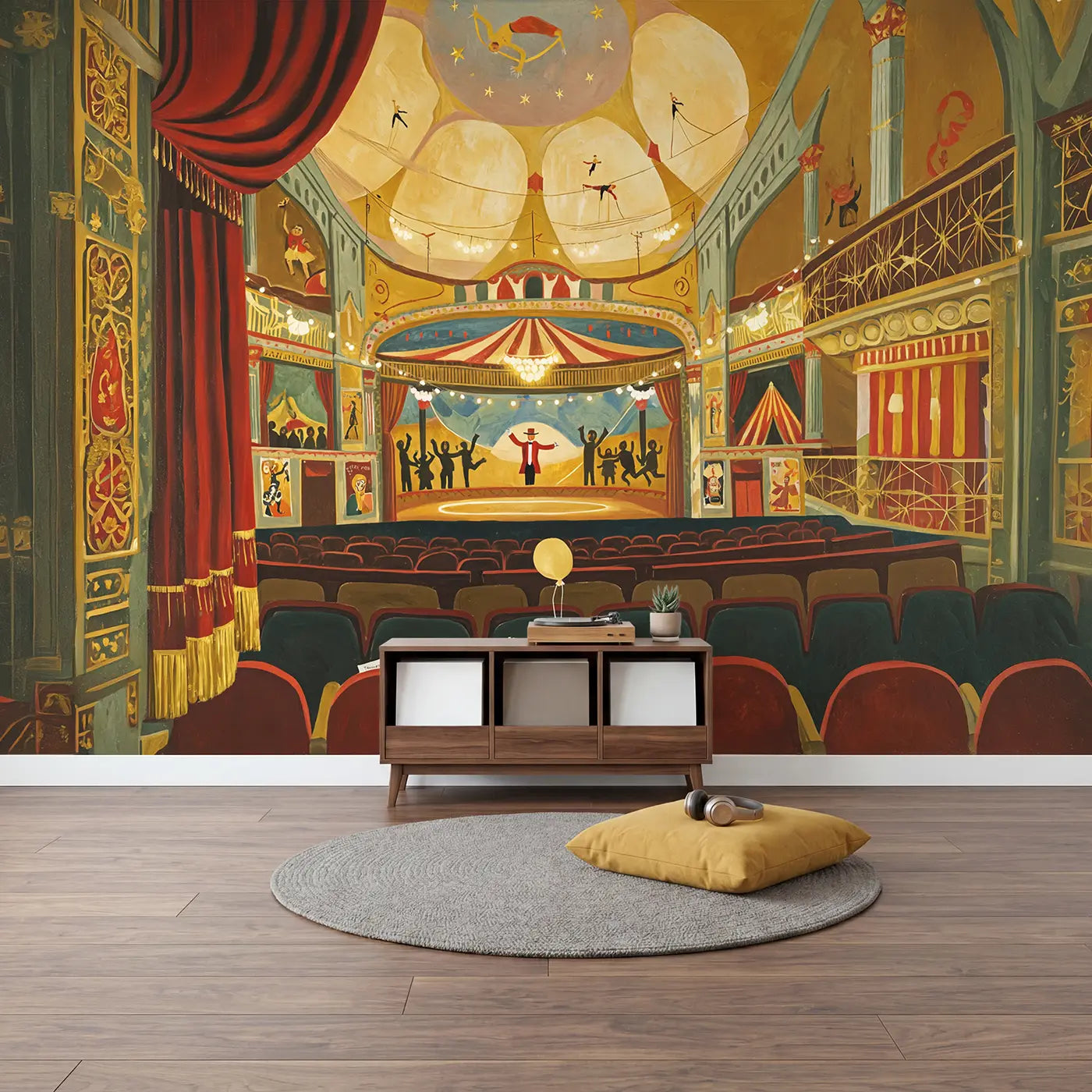 Grand Circus Theater Interior Wallpaper Mural in playroom setting by Whimsy Tots
