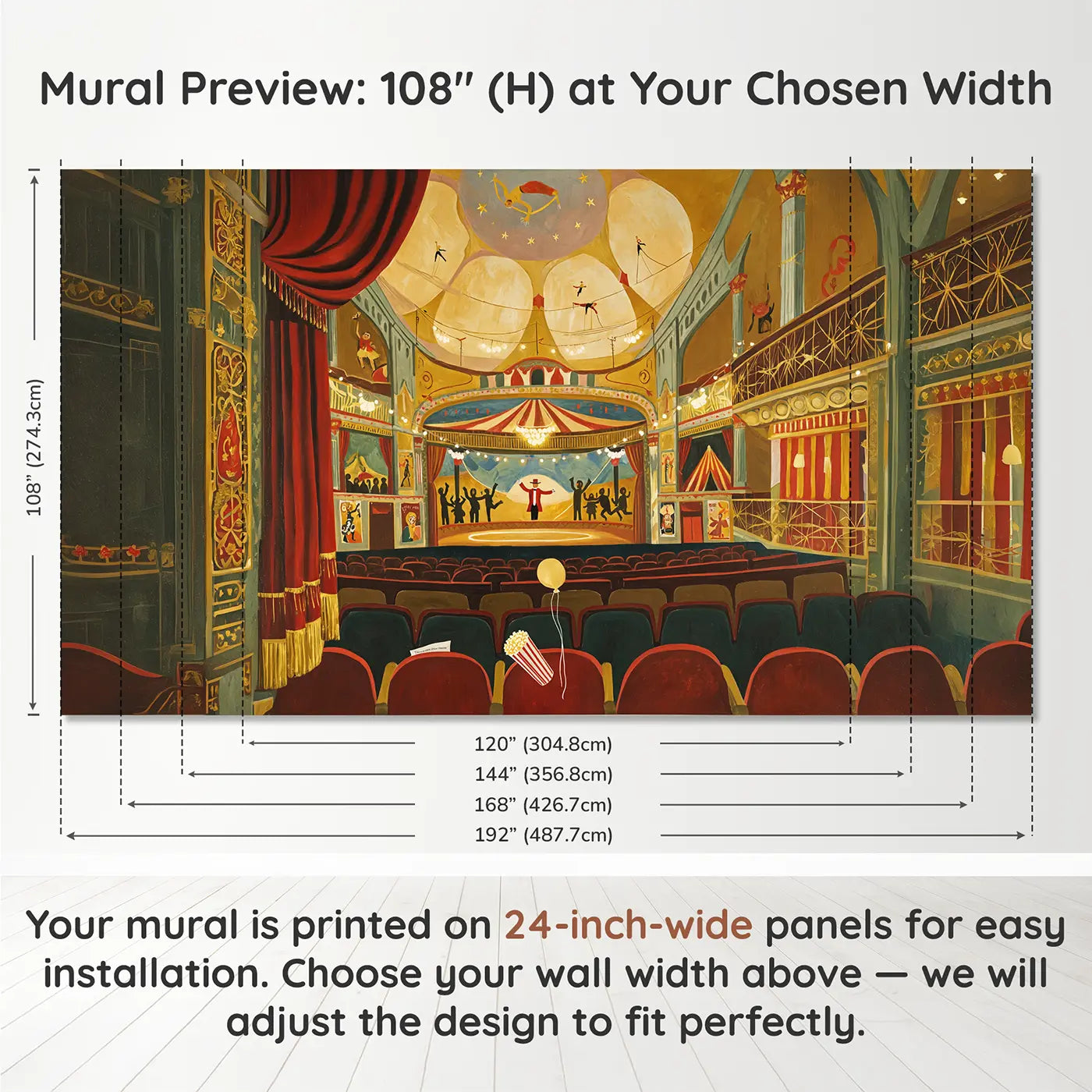 Panel layout and dimensions for Grand Circus Theater Interior Wallpaper Mural by Whimsy Tots